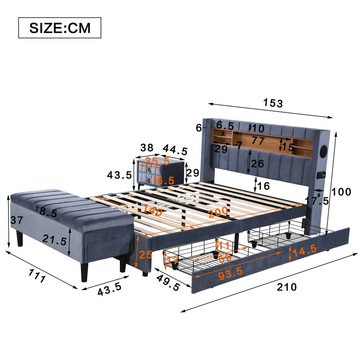 Welikera Komplettschlafzimmer Schlafzimmer Set,140x200cm Polsterbett + 1 Nachttisch Betthocker, Bett mit 16-farbigen Lichtleisten,Bluetooth-Player,USB-Aufladung