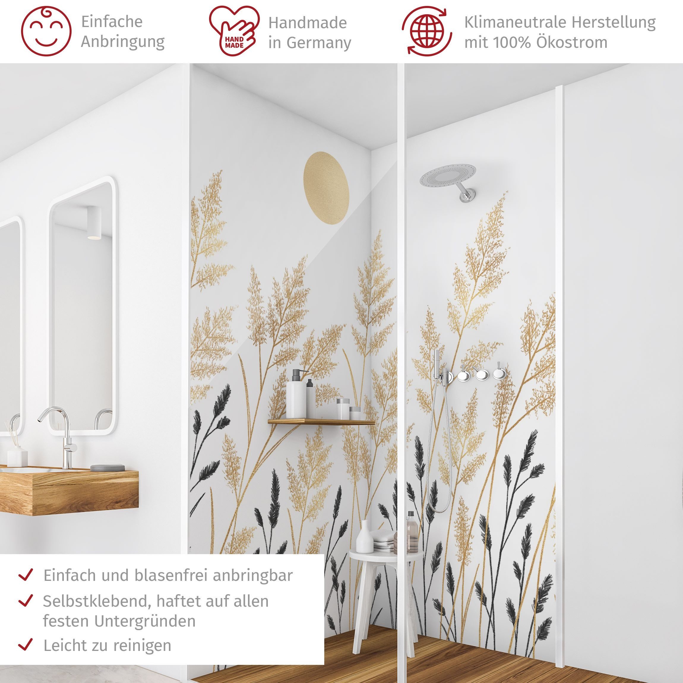 Thumbnail - Bilderdepot24 Badrückwand Landhaus gold Duschrückwand ohne Bohren Dusche Floral, (2-tlg., Hart-Folie Smart matt 0,35 mm)...
