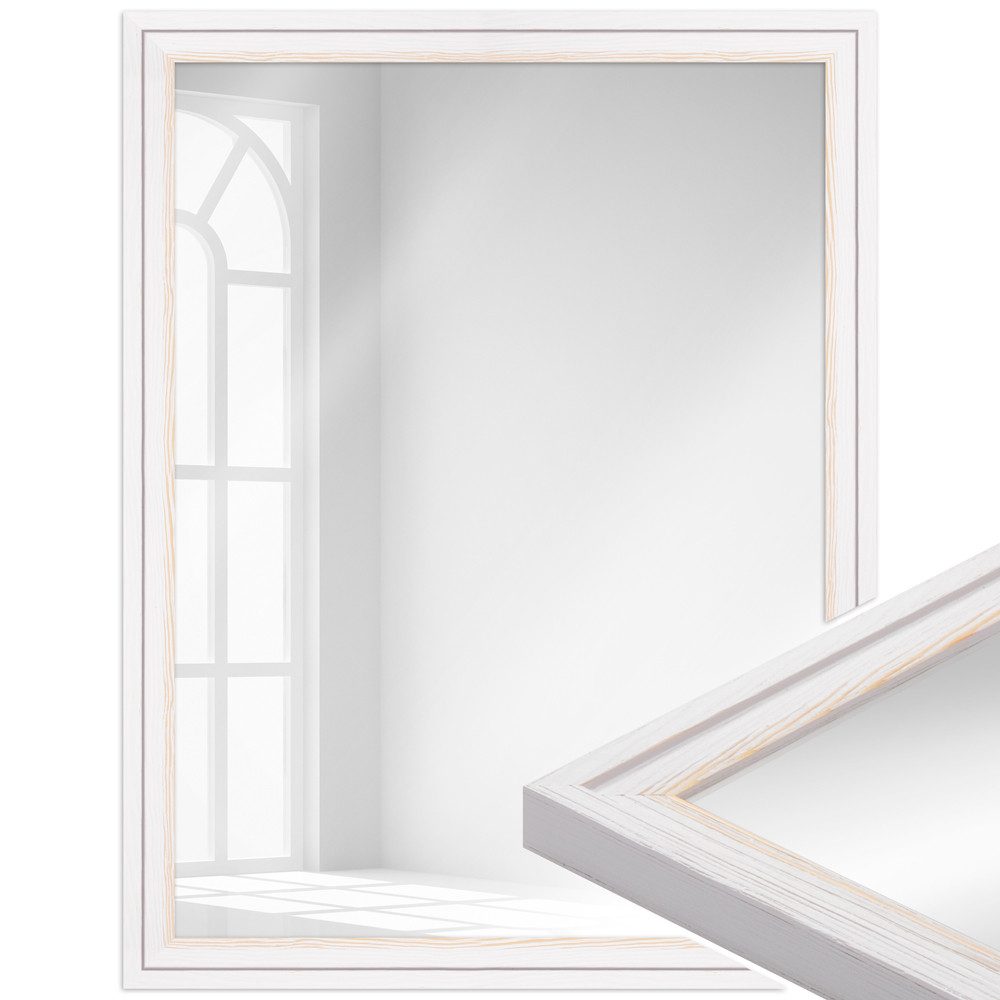 WANDStyle Wandspiegel H025, Weiß, gemasert, aus Massivholz im Landhausstil