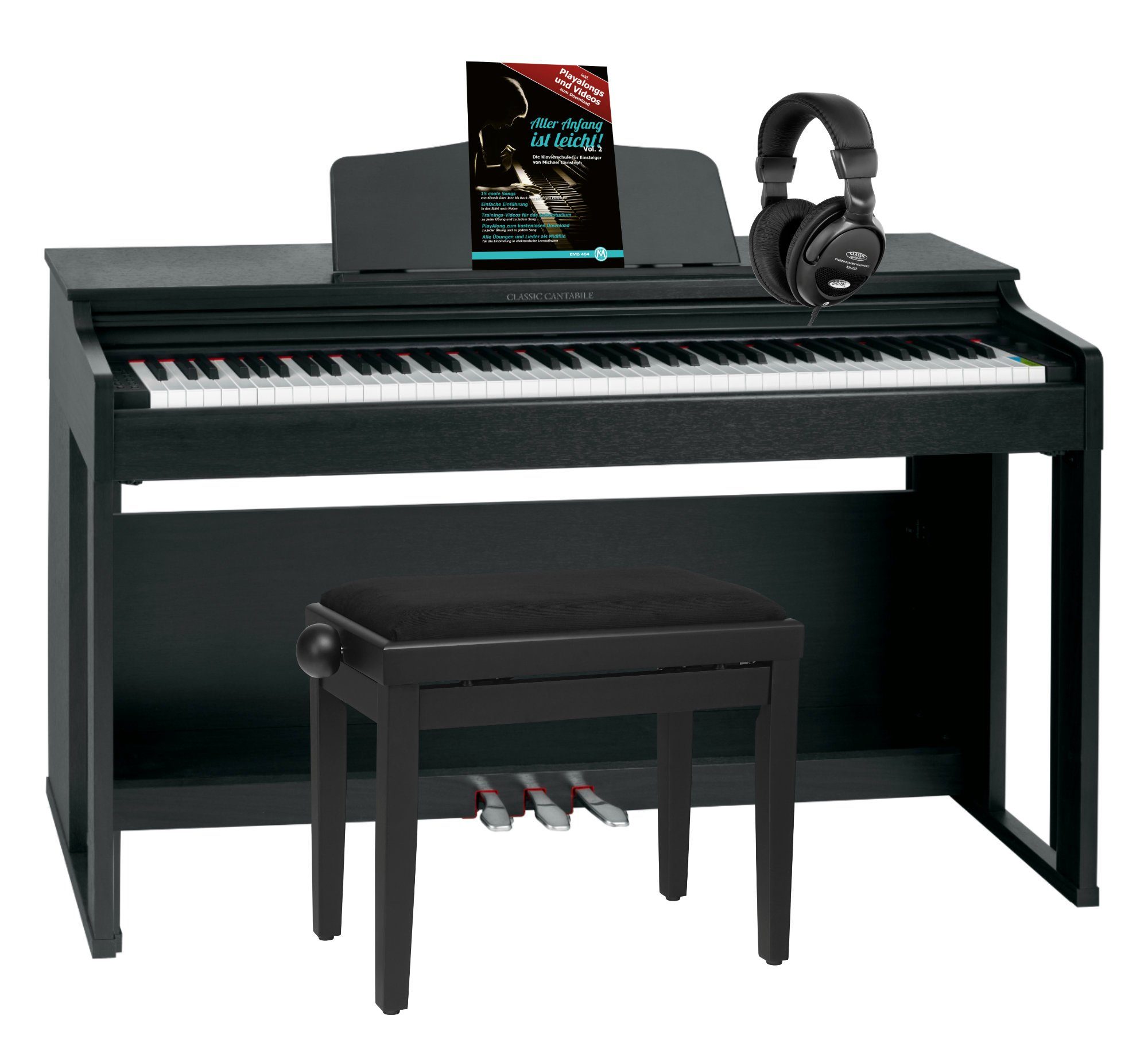 Classic Cantabile Digitalpiano DP-230 E-Piano - 88 Tasten mit Hammermechanik - USB, Audio und MIDI (Spar-Set, inkl. Klavierbank, Kopfhörer & Schule), Begleitautomatik mit Synchro-Start