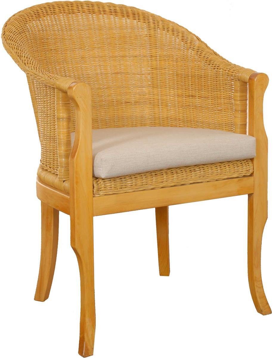 Krines Home Relaxsessel Rattan-Sessel mit Holzbeinen, Sessel aus echtem Rattan- mit Polster, Rattanstuhl, Clubsessel Honig