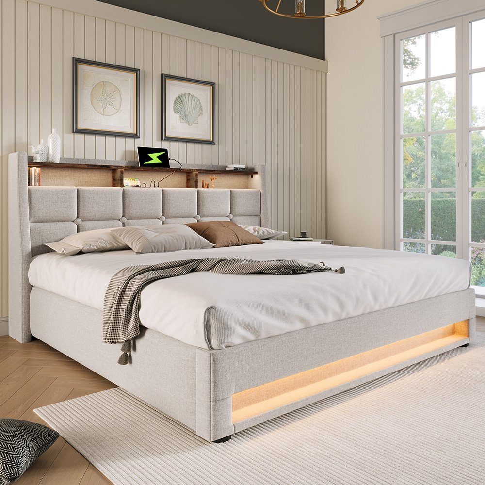 Polsterbett (Funktionsbett, 160x200 cm Hydraulisches Bett mit Lattenrost), Stauraumbett mit LED-Beleuchtung und USB-Anschluss, Baumwolle-Leinen