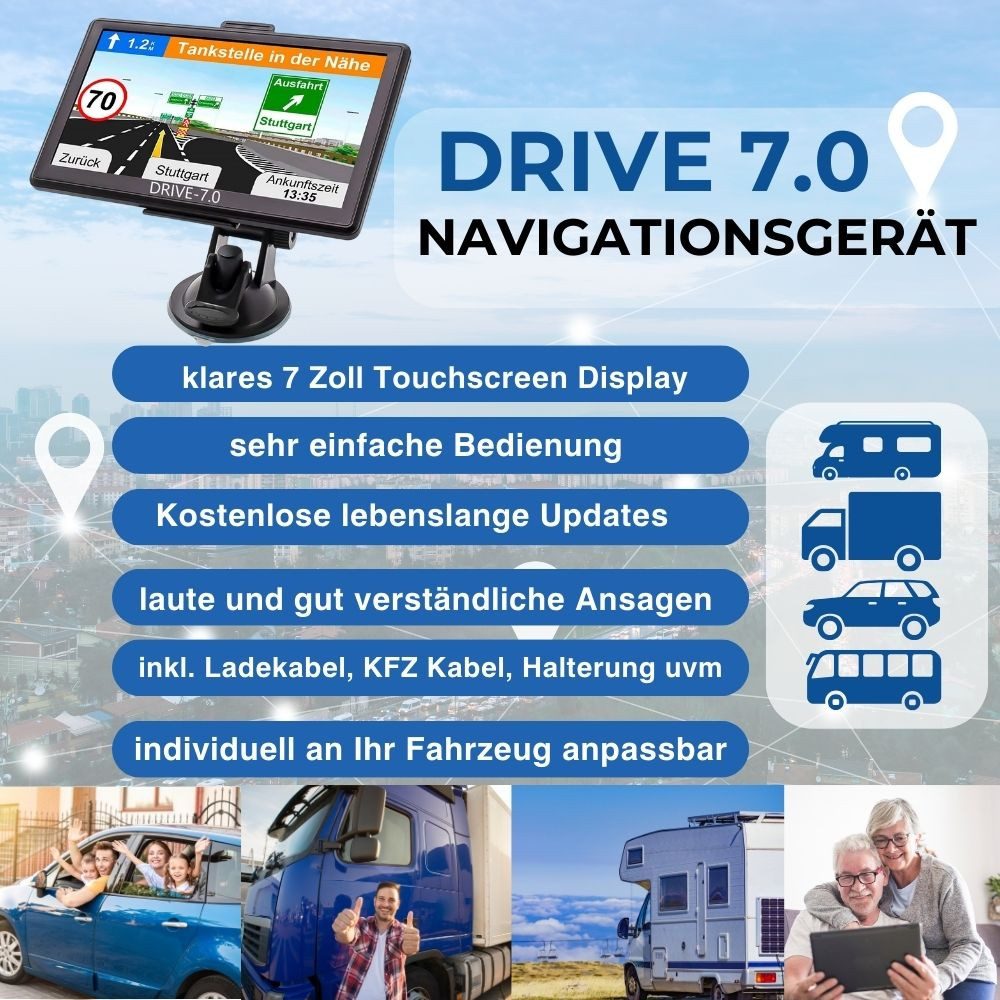 GABITECH 7 Zoll GPS PKW LKW Navi mit Europa, USA und Kanada Karten + POI PKW-Navigationsgerät (USA, KANADA, EUROPA, inklusive lebenslanger Kartenupdates, inklusive Zubehör, einfache Bedienung für jedes Alter)