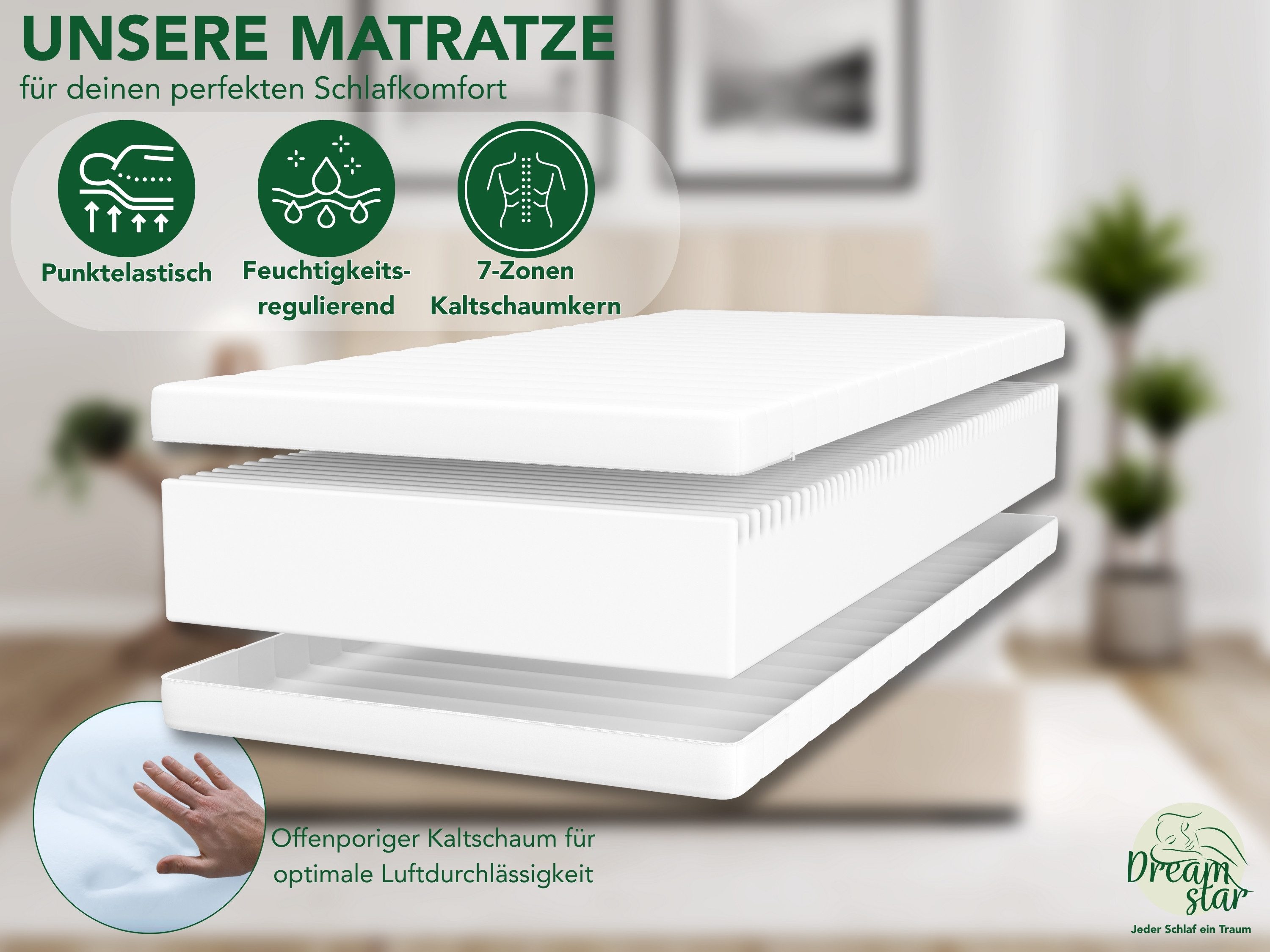Kaltschaummatratze Easy Flex, 7-Zonen Matratze mit Duo-Härtegrad (H2/H3 & H3/H4), Dreamstar, wendbar, atmungsaktiv, ergonomisch - für jede Schlafposition