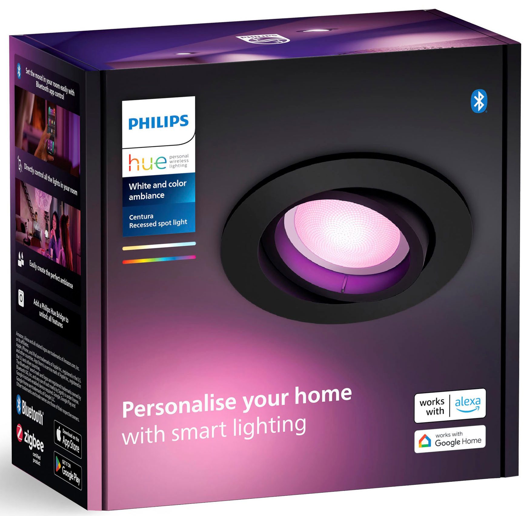 Philips Hue LED Einbauleuchte White & Color Ambiance Centura Einbauspot rund, Abschaltautomatik, Bluetooth, CCT - über Fernbedienung, Dimmfunktion, Farbsteuerung, Farbwechsel, Leuchtdauer einstellbar, Memoryfunktion, Nachtlichtfunktion, RGB, Smart Home, Timerfunktion, dimmbar über Fernbedienung, erweiterbar, mehrere Helligkeitsstufen, LED wechselbar, RGB