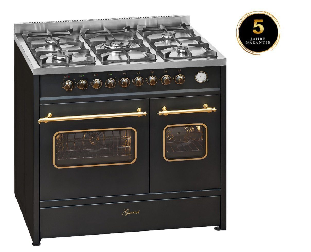 GURARI Gas-Standherd GCH E 916 BL R//5 Jahres Garantie, mit 1-fach-Teleskopauszug, Retro Gas Elektro Standherd 90 cm, Range Coocker, 8 Funktionen