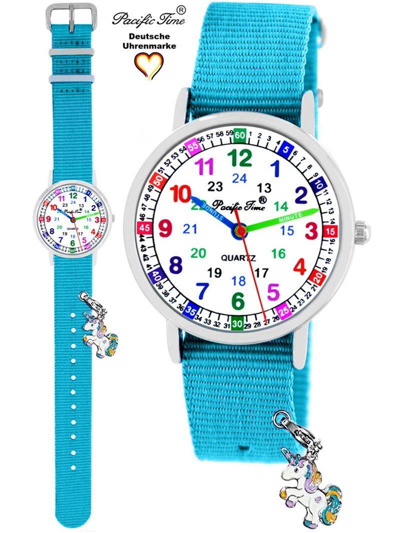 mit Kinder Quarzuhr Pacific Time Versand Charms, - Mix Armbanduhr Design hellblau Einhorn Match und Wechselarmband Lernuhr Gratis