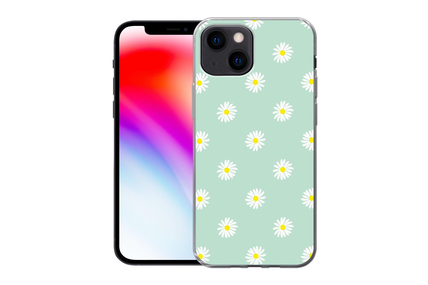MuchoWow Handyhülle für Apple iPhone 13 mini Gänseblümchen - Pastell - Weiß - Grün - Flora, Smartphone-Bumper, Print, Handy Schutzhülle Dünn