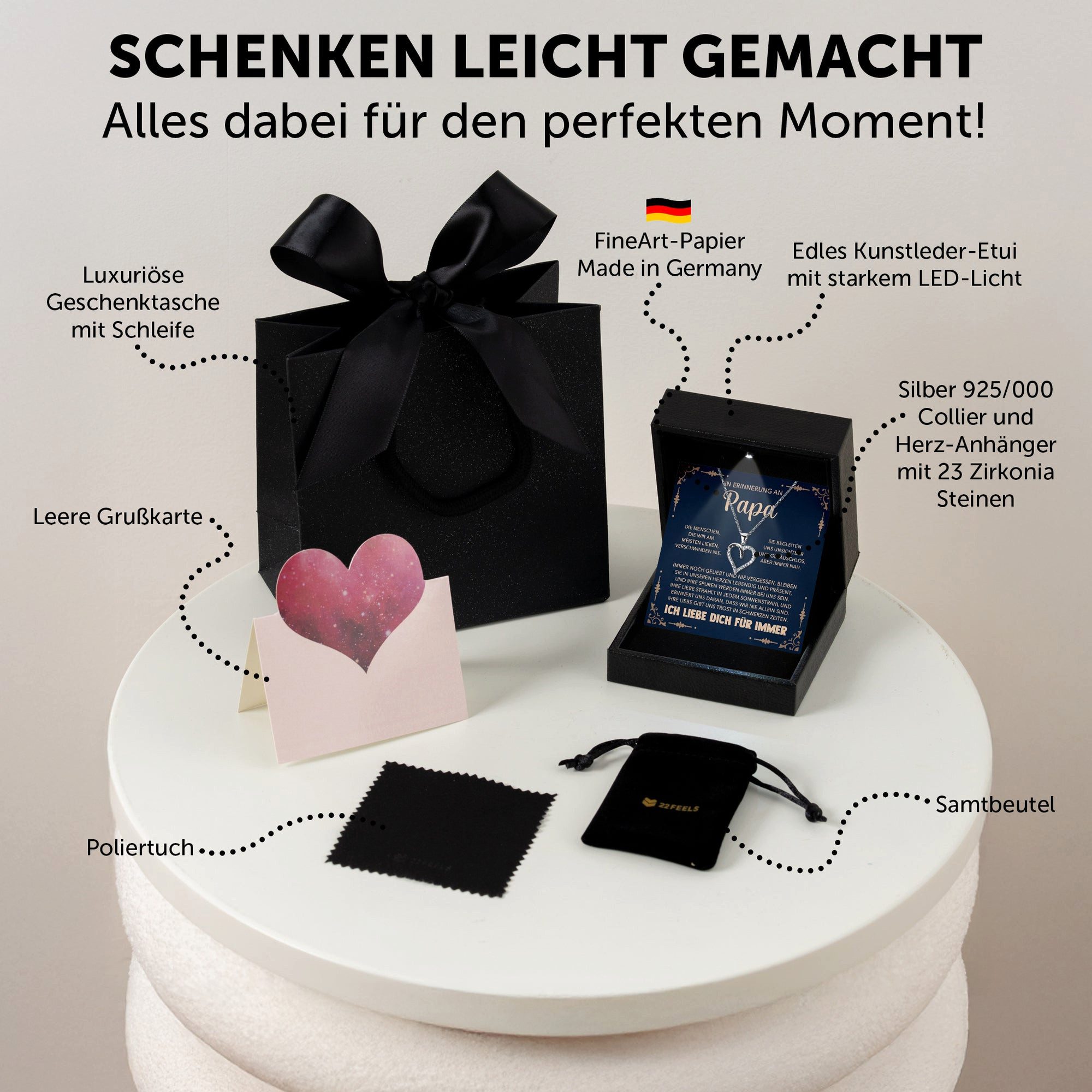 22Feels Schmuckset Erinnerung An Papa Trauer Andenken Kondolenz-Geschenk Herz Halskette (inkl. Geschenktasche, Karte, Poliertuch, Beutel), Premium Licht Etui, Silber 925/000, Karte Made In Germany