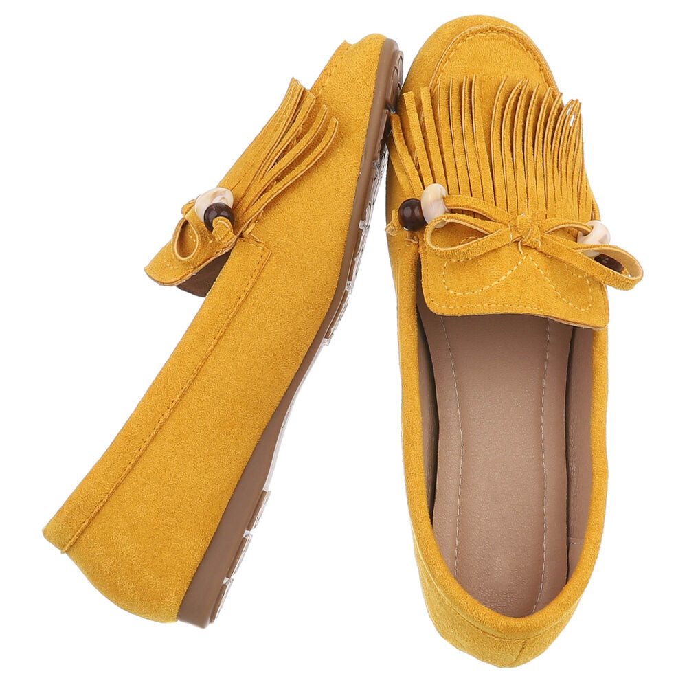 Ital-Design Eleganter Mokassin für Damen mit fransigem Design Slipper (91554634) Flach Mokassins in Gelb