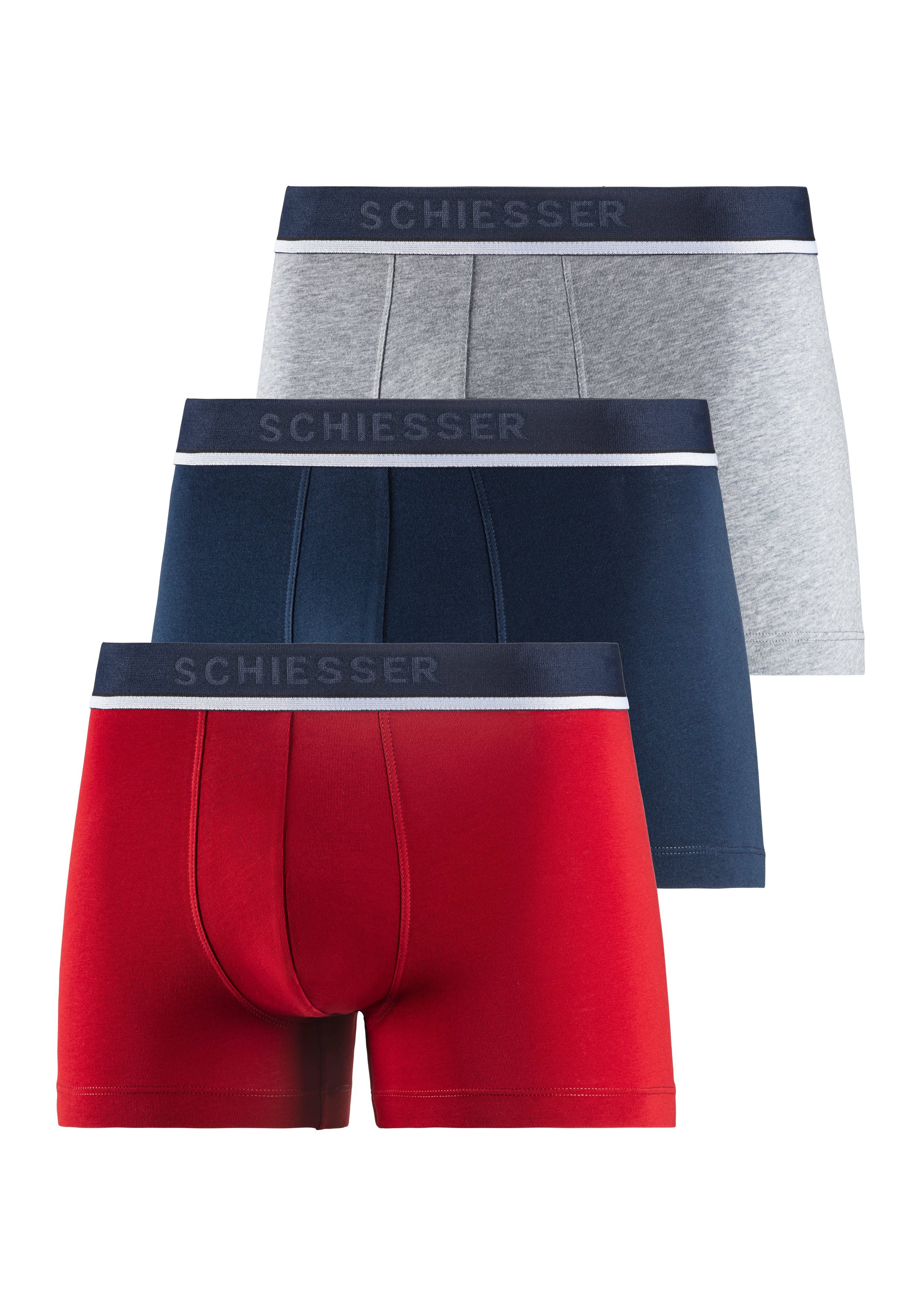 Schiesser mit Navy (3er-Pack) Hellgrau melange Rot Logobund schlichtem Boxer