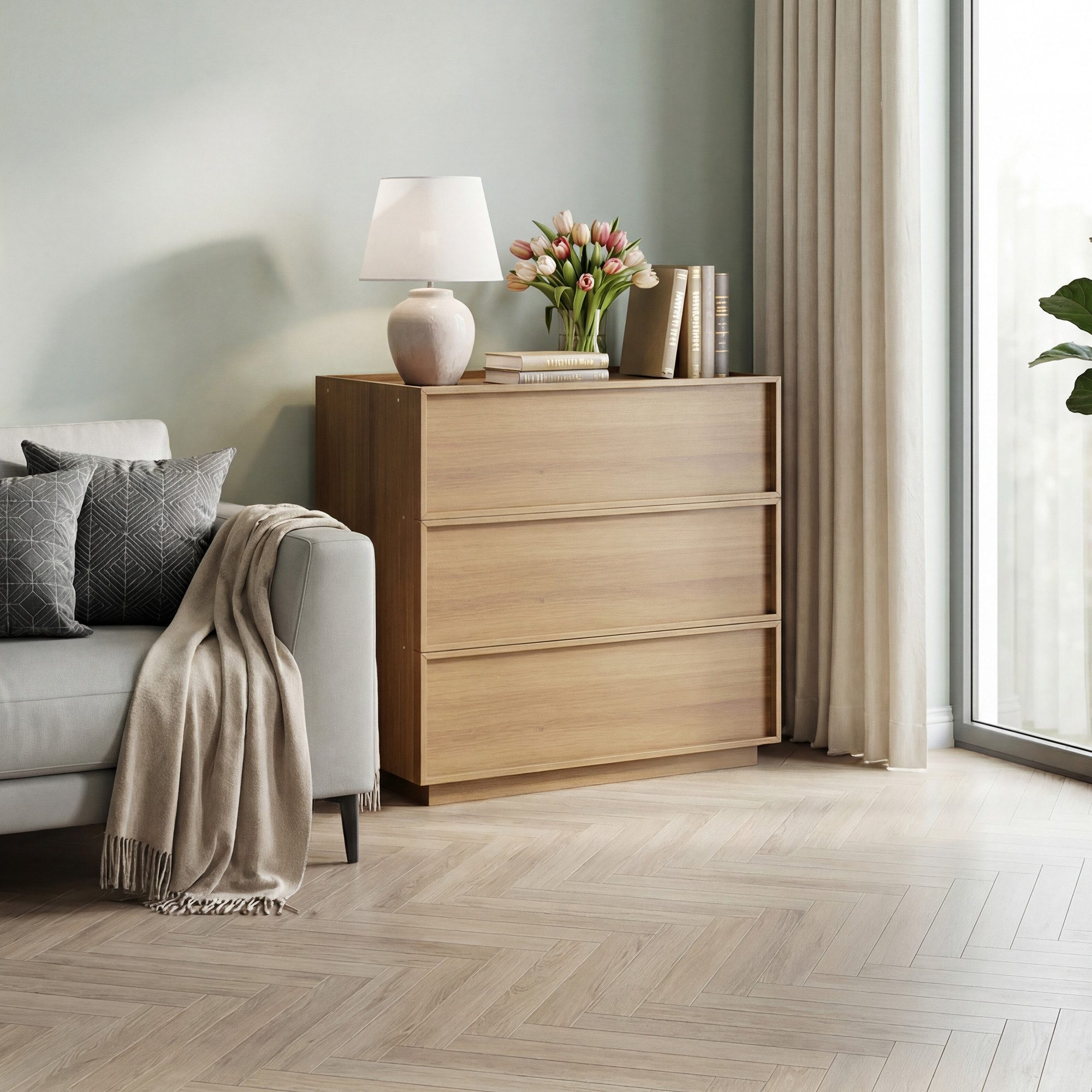 Odikalo Sideboard Eckschrank Regal mit kommode & Stauraum (Schlanker 3-Schubladen-Kommode in Holzoptik – perfekt für Wohnzimmer & Flur, aufgeräumtes Design in natürlicher Optik)