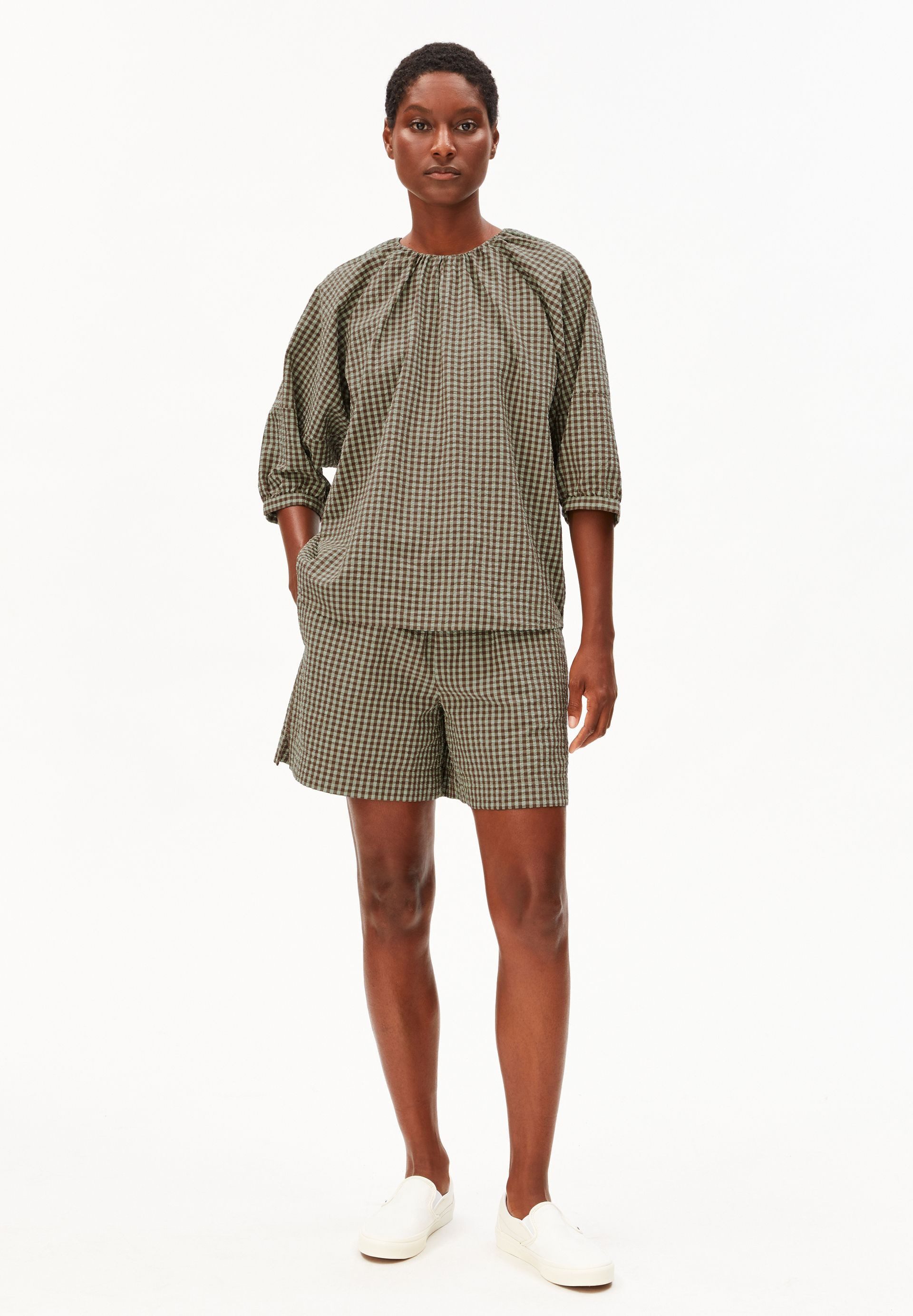 Armedangels Kurzarmbluse VICHY SEERSUCKER Bluse aus 100% Bio-Baumwolle Loose Fit