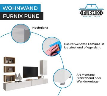 Furnix Wohnwand PUNE36 Mediawand 6 teilig 300 cm Hochglanz, Segment wahlweise stehend oder hängend- Metallfüße inklusive, ohne LED