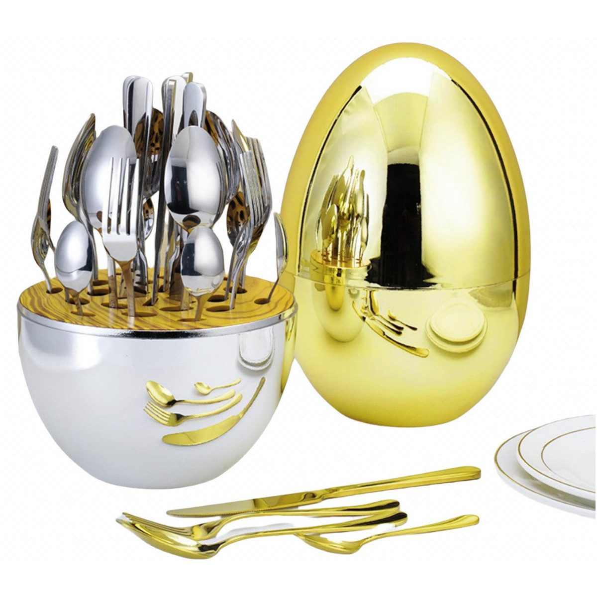 PFCTART Besteck-Set Kreatives Ei-Geschirrset 24 Stück Edelstahl Teelöffel Messer, 6 Personen, Besteck aus rostfreiem Stahl + eiförmige Aufbewahrungsbox aus Kunststoff, Ergonomisches Design, rostfrei und staubdicht, verschönert Ihre Küche