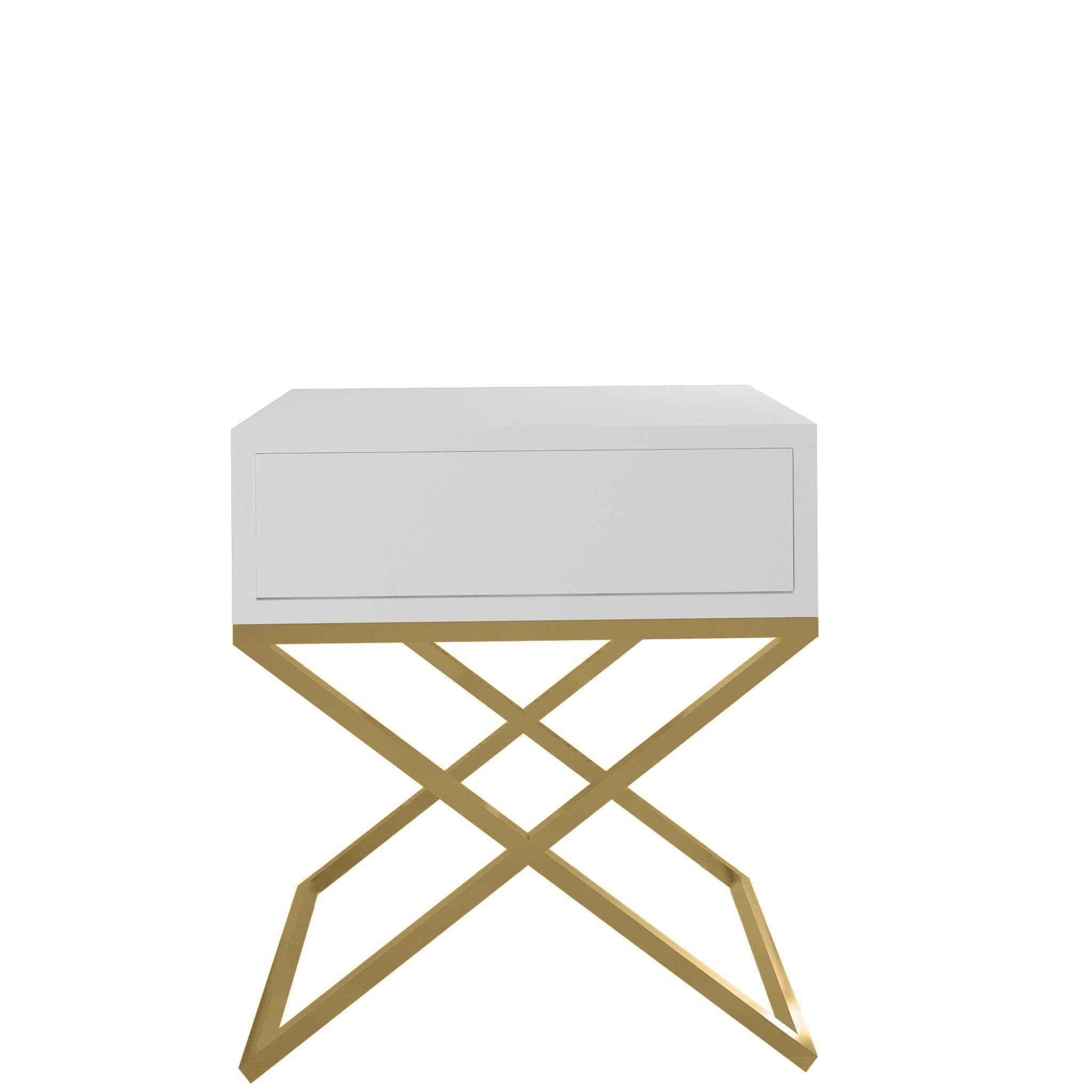 Nachttisch Weiß im x-förmigen | kleine Max 45 Tisch Metallgestell, 50 x für x H modernes x x cm 35 (B Goldenfarbig Schublade, (inkl. Beautysofa Deisgn T), Schlafzimmer