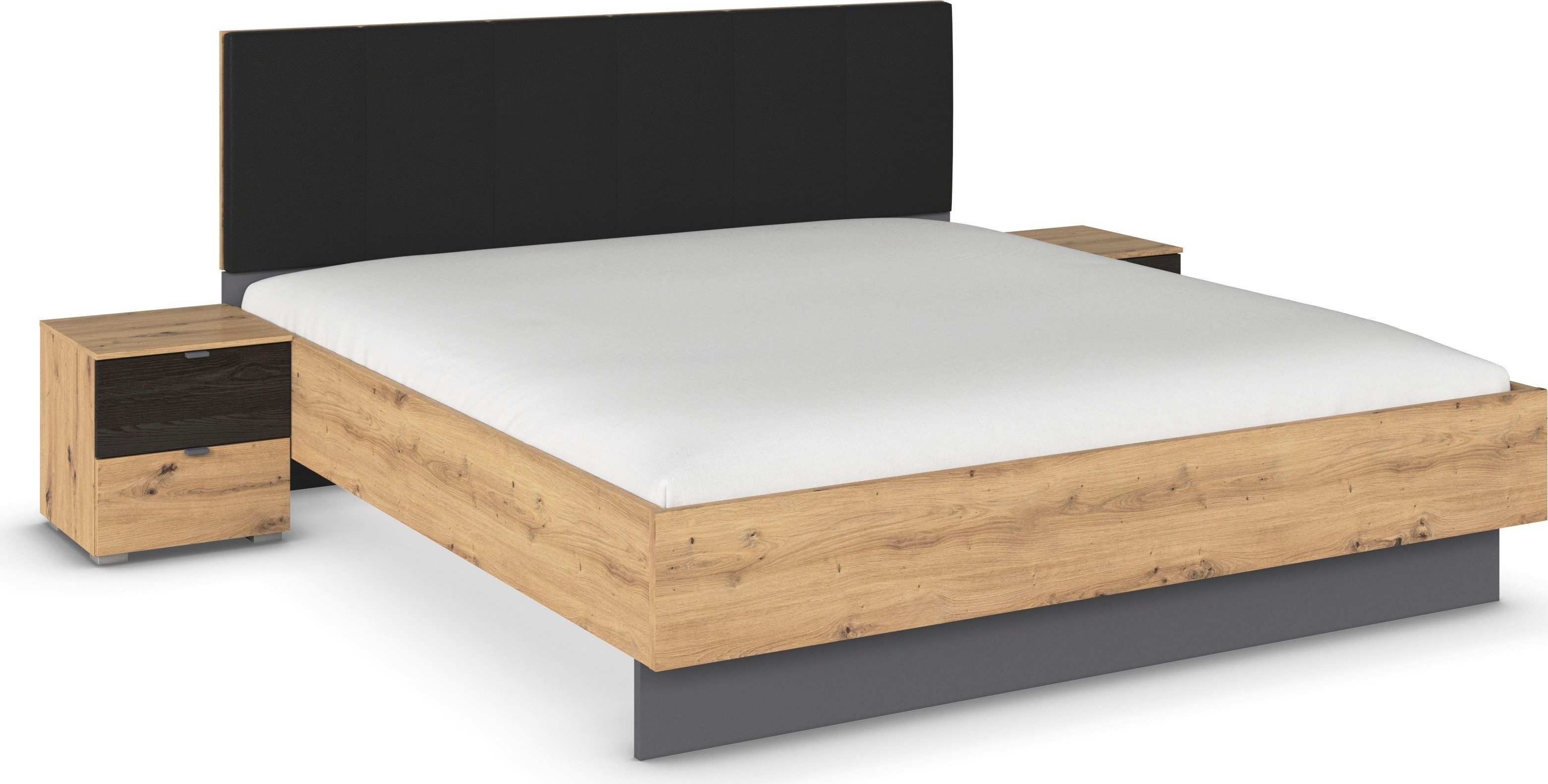 rauch Bettanlage Bett Doppelbett Komfortbett Funktionsbett APOLLON, (3-tlg., Liegefläche 180x200, optional mit Bettbank und Stauraum), Polster-Kopfteil in Lederoptik black, 2x Nachttische MADE IN GERMANY