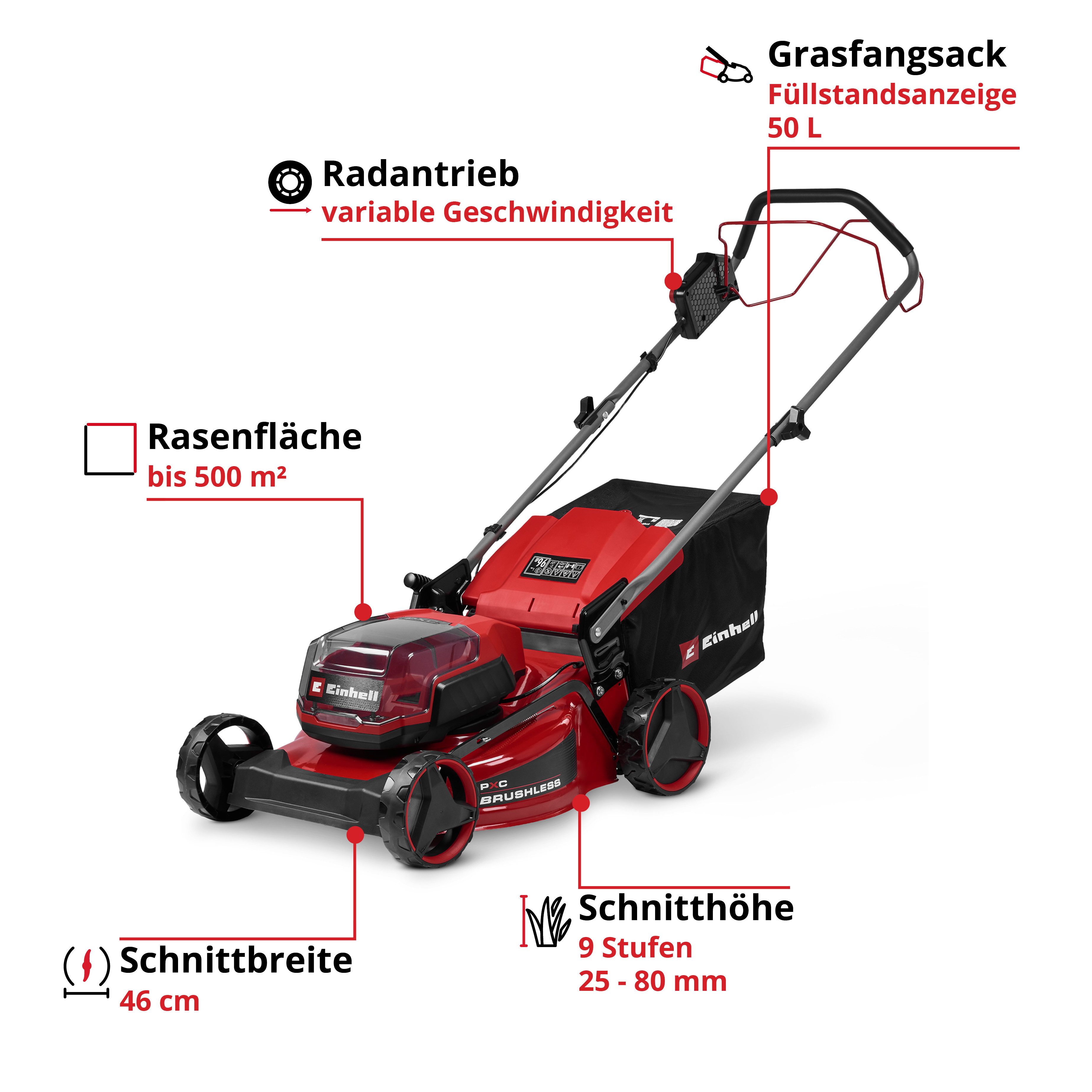 Einhell Akkurasenmäher GC-CM 36/46 S Li BL (2x4,0Ah), 46 cm Schnittbreite, Inkl. Akku und Twincharger