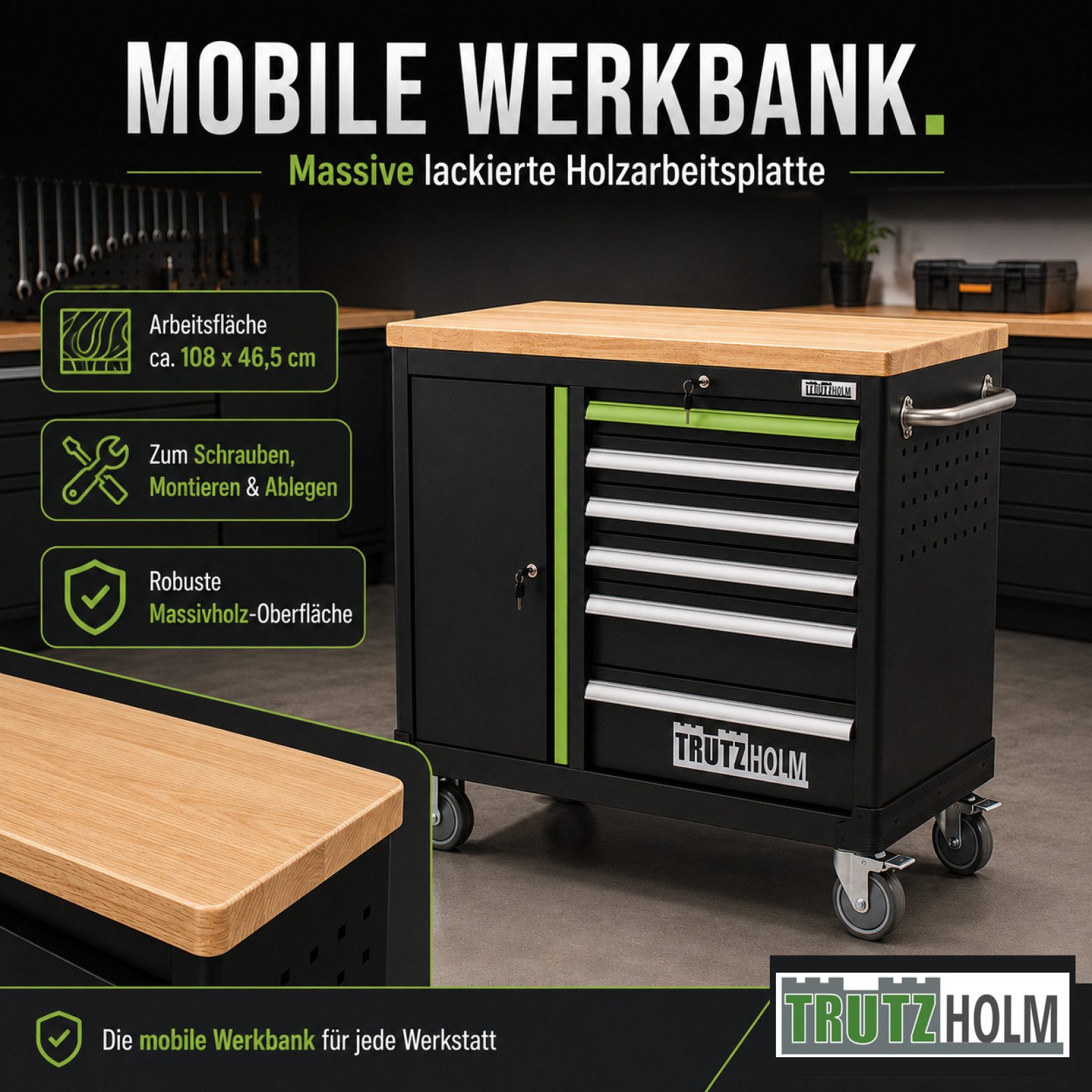 TRUTZHOLM Werkstattwagen DELUXE 6 Schubladen + Tür leer massive Arbeitsplatte Anthrazit/grün, auf Rollen, max. Traglast:400 kg, (Set, 1-tlg), kann.