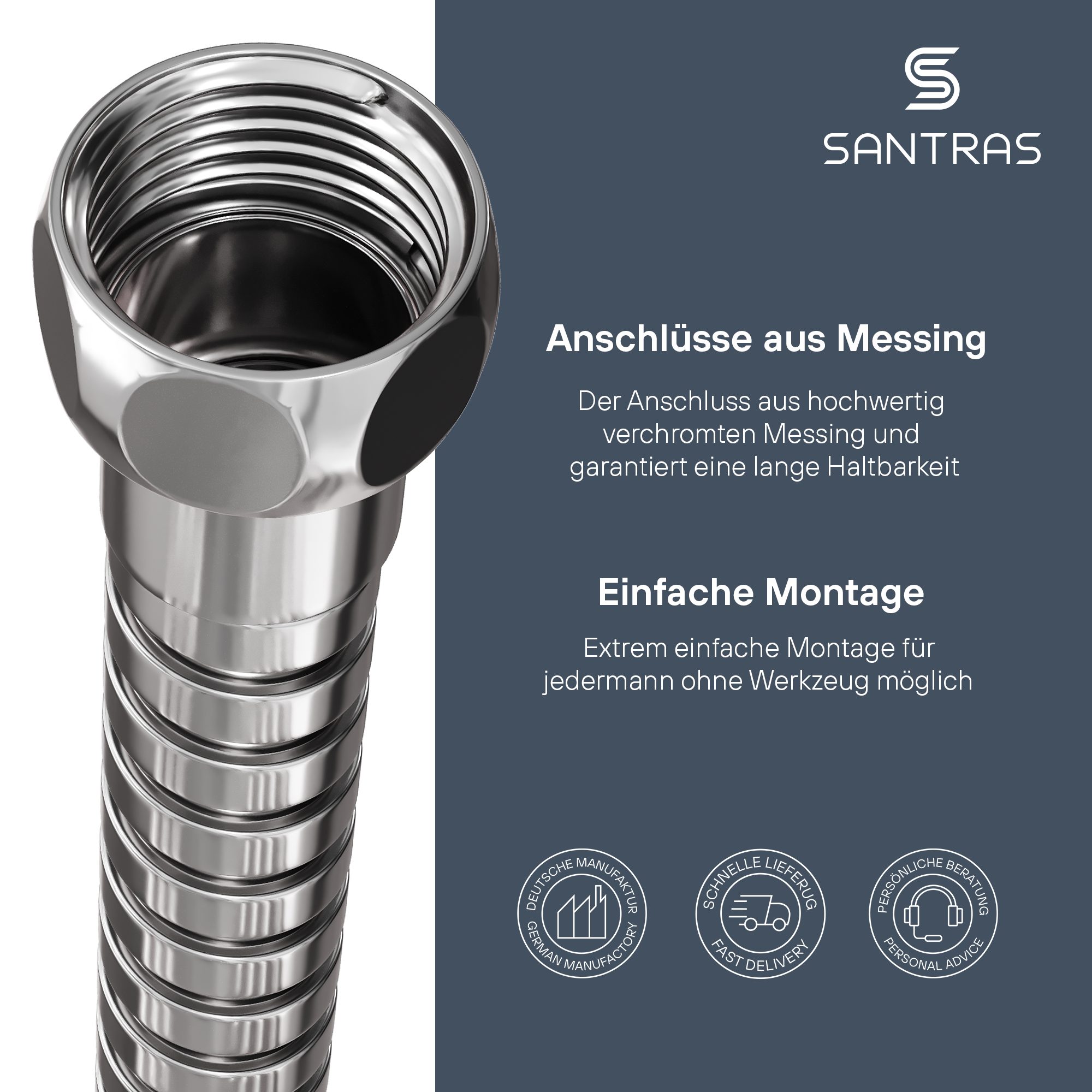 Santras Brauseschlauch Duschschlauch aus Metall 1/2" in Chrom (0,50 - 1,00 m)