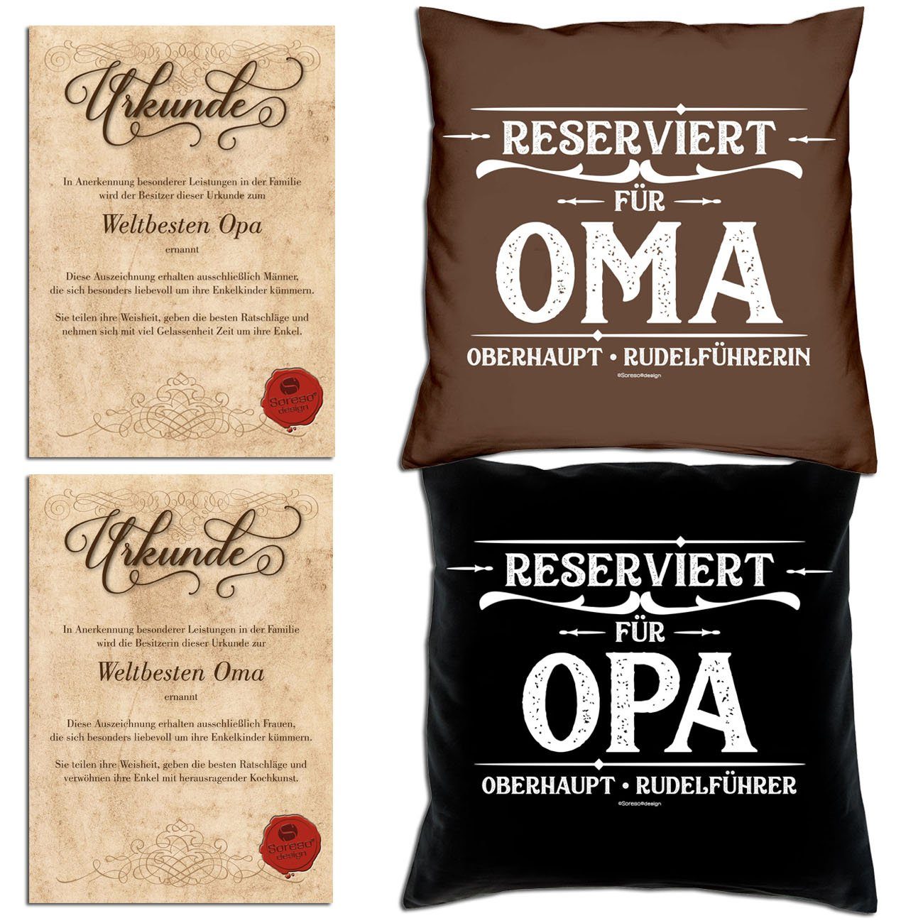 Soreso® Dekokissen Kissen-Set Reserviert für Opa Reserviert für Oma mit Urkunden, Geschenk Oma & Opa Geschenke Mitbringsel braun