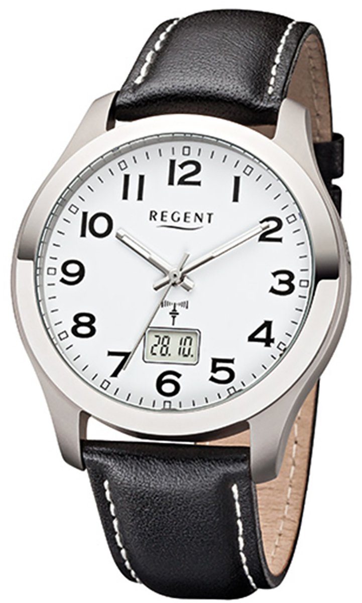 Regent schwarz, groß Herren Funkuhr rund, Funkuhr Lederarmband Herren-Armbanduhr Regent 41mm), (ca.