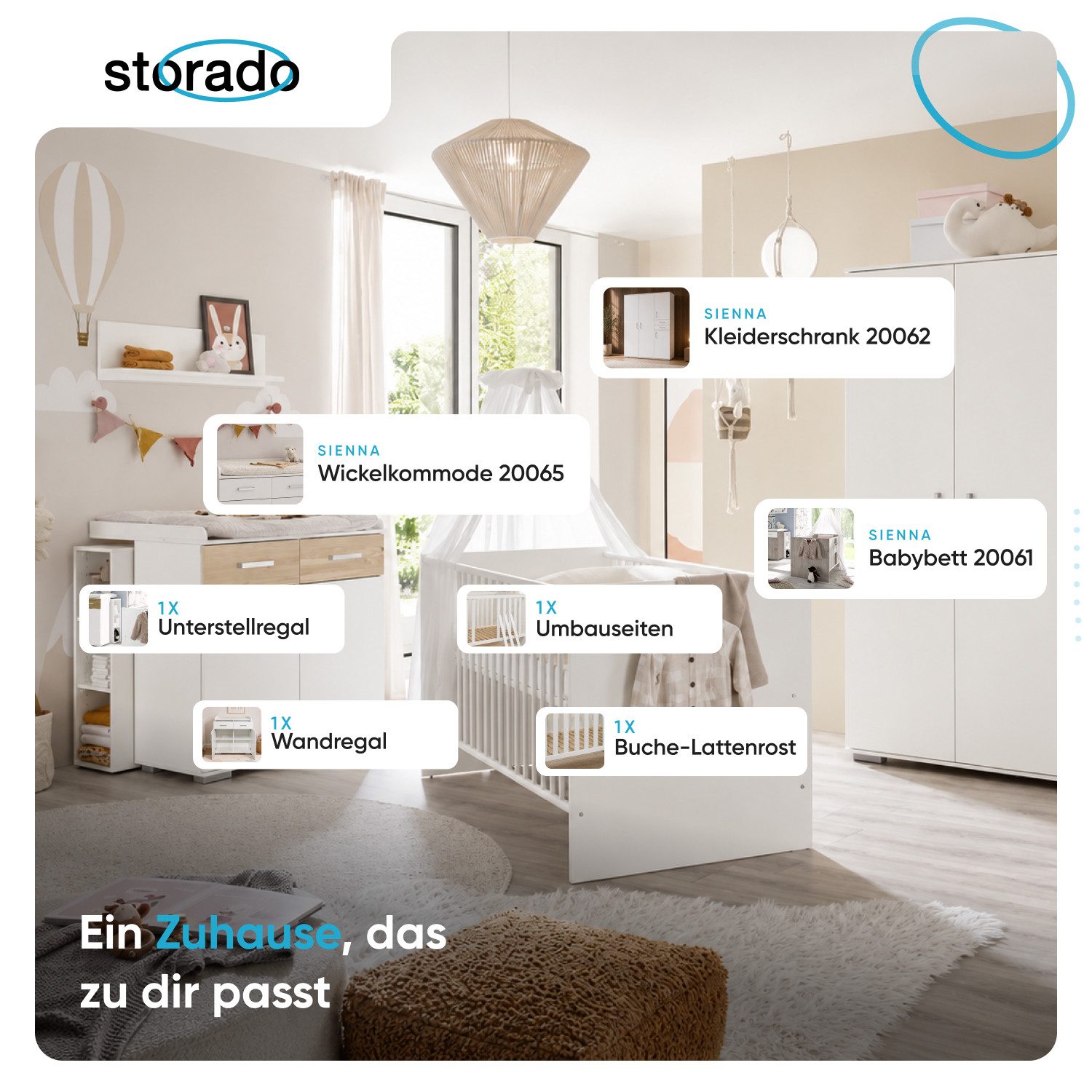 Storado Babymöbel-Set "Sienna" - Kinderzimmer Komplett-Set 7-teilig, Das 7-teilige Babyzimmer Set STORADO Sienna, "Made in Germany".