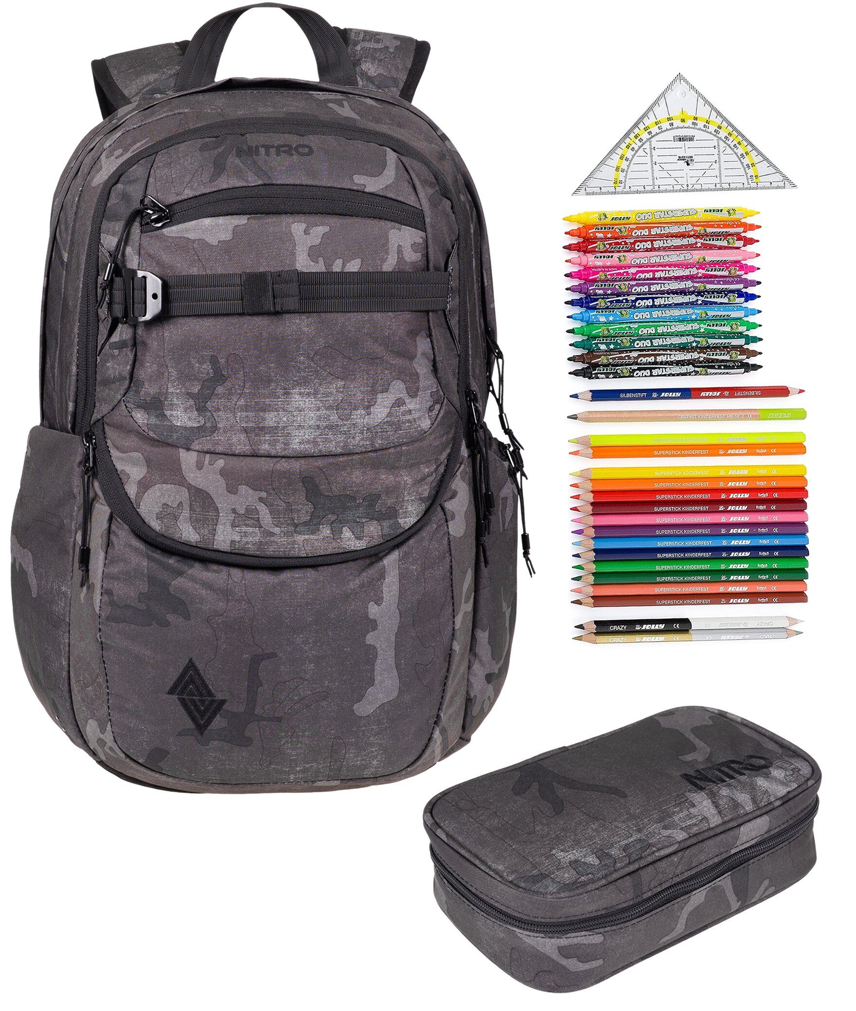 NITRO Schulrucksack NITRO Schulrucksack Jungen Mädchen Future Hero Rucksack (3 Teile Set, inkl. Mäppchen Box, inkl. Mäppchen Füllung 31 Teile), Schulmappe Laptopfach 2 Hauptfächer Daypack Auswahl rmv