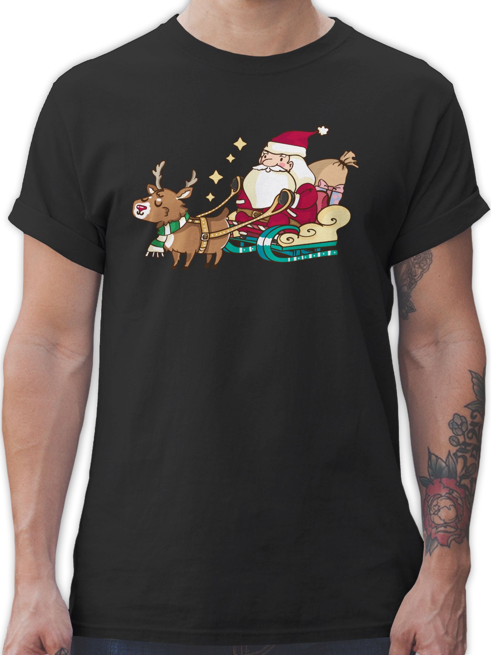 Shirtracer T-Shirt Weihnachtsmann mit Rentier Weihachten Kleidung 1 Schwarz