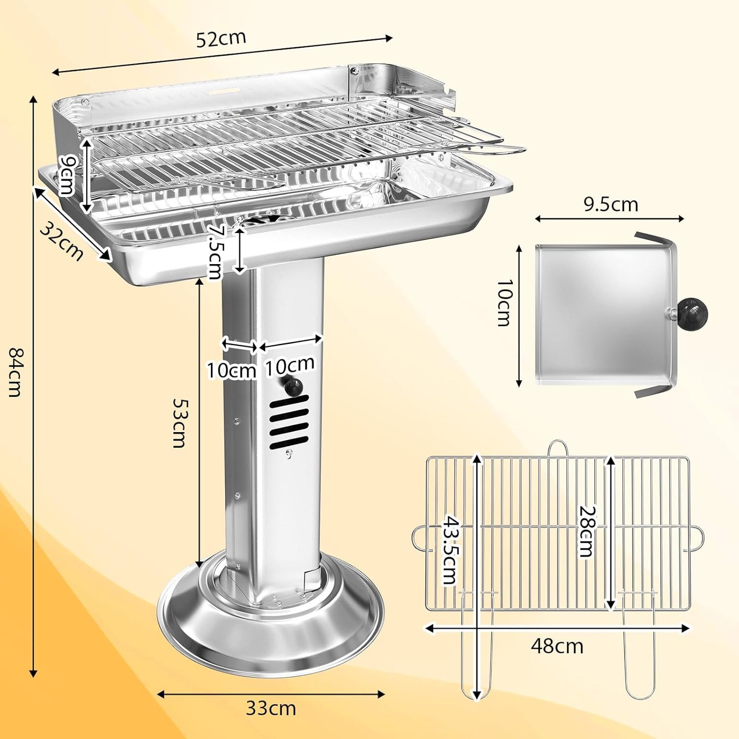 TLGREEN Holzkohlegrill Holzkohlegrill Wetterfest 52x32x84cm, Säulengrill mit 3-fach Höhenverstellbarem, Grillrost Aschekasten Belüftung, Outdoor Camping Garten BBQ Grill für 3-5 Personen