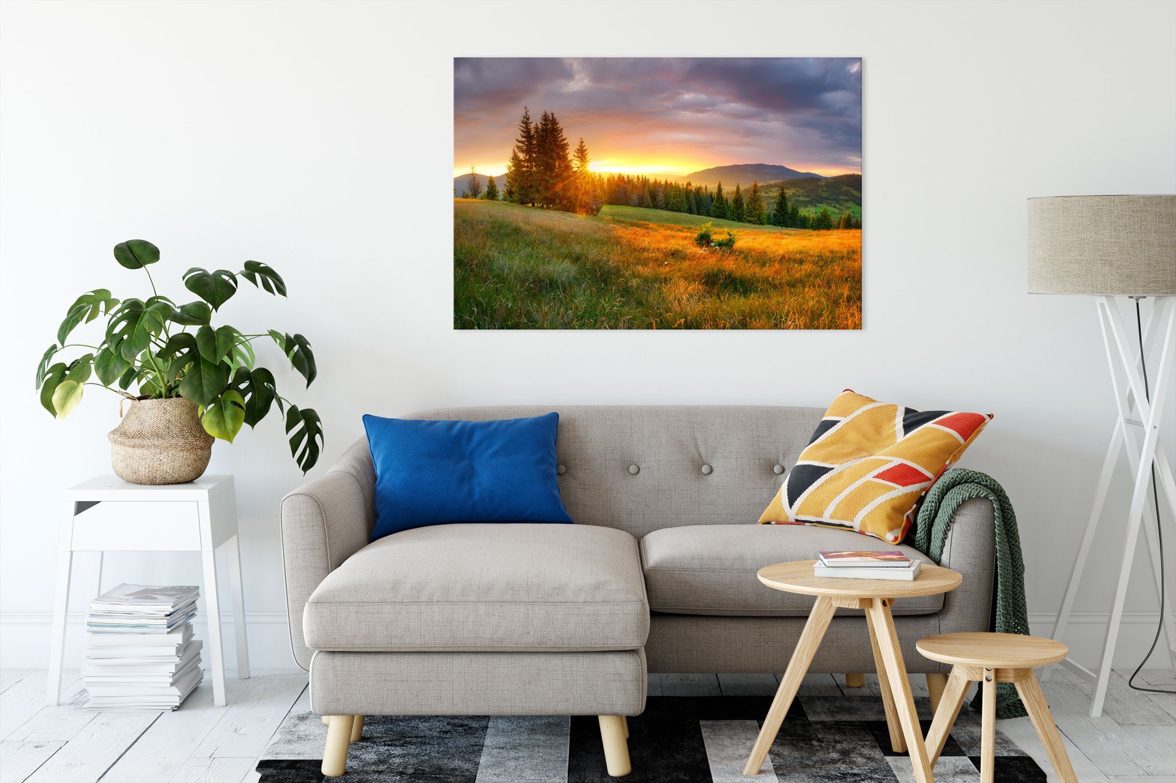 bespannt, Sonnenuntergang, Leinwandbild Leinwandbild Zackenaufhänger Wiesenlandschaft bei inkl. St), Sonnenuntergang fertig (1 bei Pixxprint Wiesenlandschaft