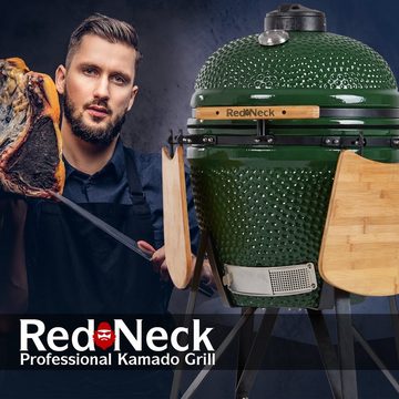 RedNeck Keramikgrill Keramik-Grill RedNeck Kamado 21" Pro grün, Transportrollen mit Bremssystem, Seitenablagen