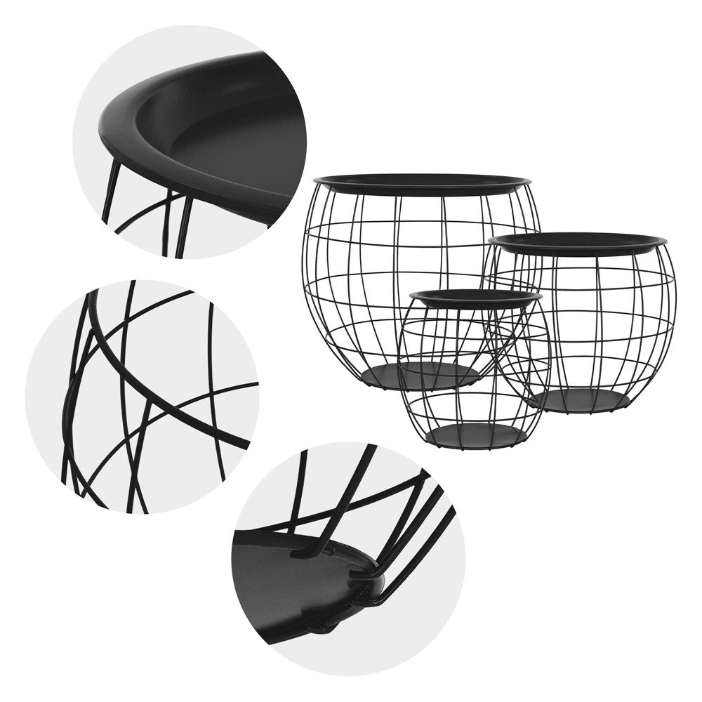 ML-DESIGN Beistelltisch Sofatische aus Metall rund Wohnzimmertische Satztische (3-St), Couchtisch Schwarz Metallkörbe Drahtkorb mit abnehmbarer Tischplatte – Bild 4 von 5