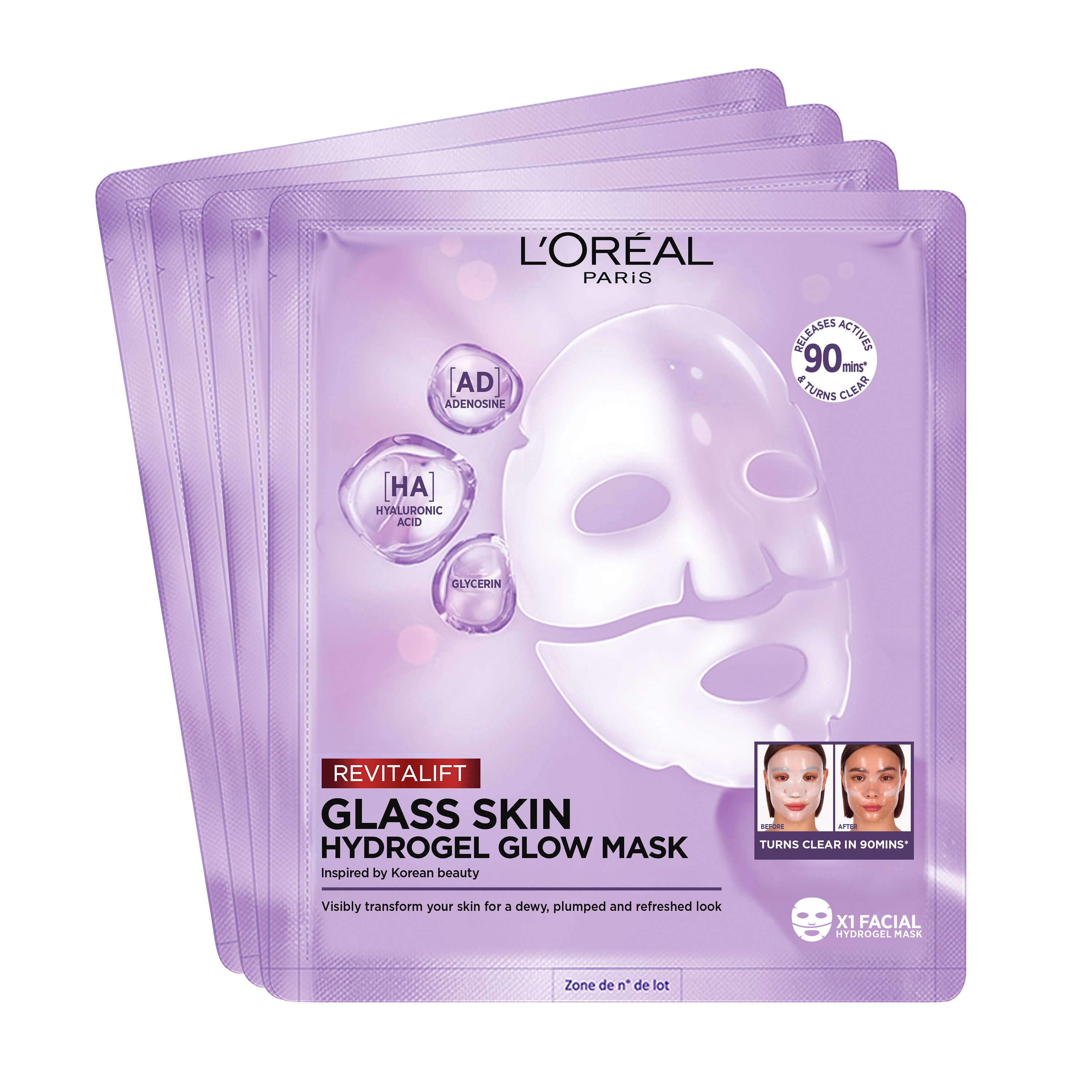 L'ORÉAL PARIS Gesichtsmaske REVITALIFT GLASS SKIN HYDROGEL GLOW MASK Set, 4-tlg., für aufgepolsterte & glowy Haut