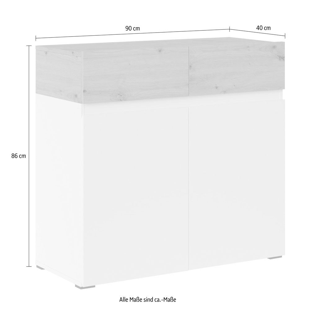 Feldmann-Wohnen Kommode Rimini (2 Holztüren, 2 Schubladen, 2 Einlegeböden, 1 St., moderne Optik, grifflos, schwarze Füße), 90x40x86cm weiß / Eiche Artisan