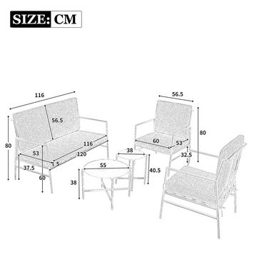 BlingBin Gartenlounge-Set Outdoor-Sofagarnitur,Gartenmöbel,vier Sitze, zwei runde Couchtische, (3-tlg), Sitzkissen abnehmbar und waschbar,verzinktes Stahlrohr