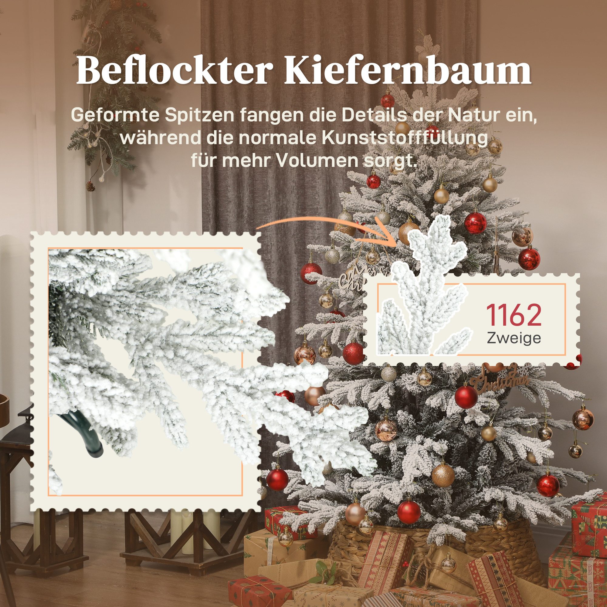 HOMCOM Künstlicher Weihnachtsbaum Christbaum mit Schnee, 1815 Zweigen, mit klappbarem Metallständer, Kiefernbaum, Realistisches Aussehen, Grün+Weiß – Bild 5 von 5