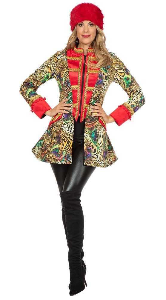 Karneval-Klamotten Kostüm Panther Jacke hochwertig rot mehrfarbig Damen, Parade Show Jacke Frack Frauenkostüm Prunksitzung Partnerkostüm