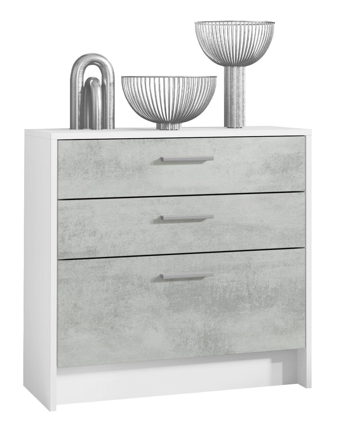 Vladon Kommode Alvor (Sideboard, mit 3 Schubladen), Weiß matt/Beton Oxid Optik (76 x 74 x 33)