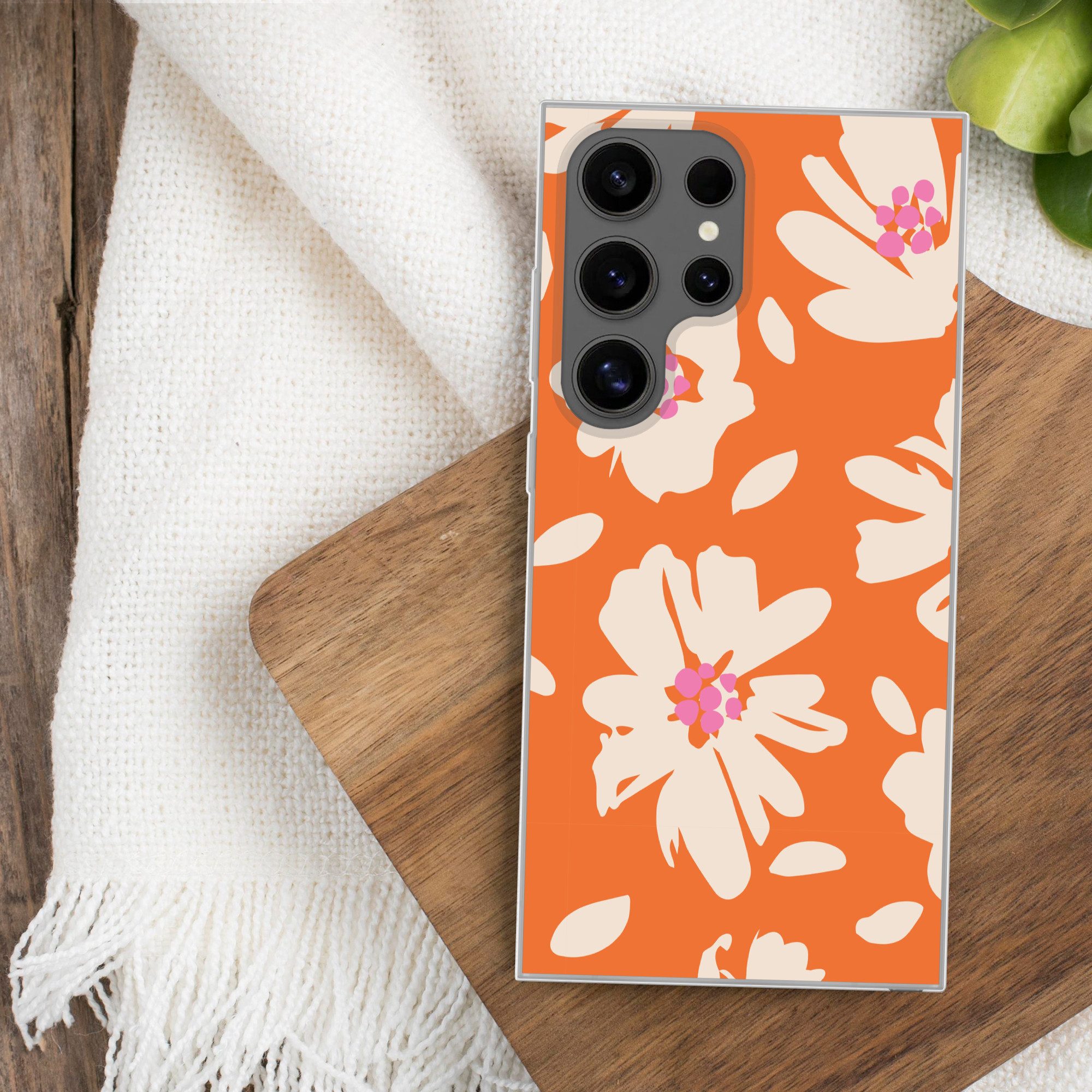 MuchoWow Handyhülle für Samsung Galaxy S24 Ultra Blumen - Orange - Beige - Rosa - Abstrakt, Phone Case, Silikon, Schutzhülle Dünn