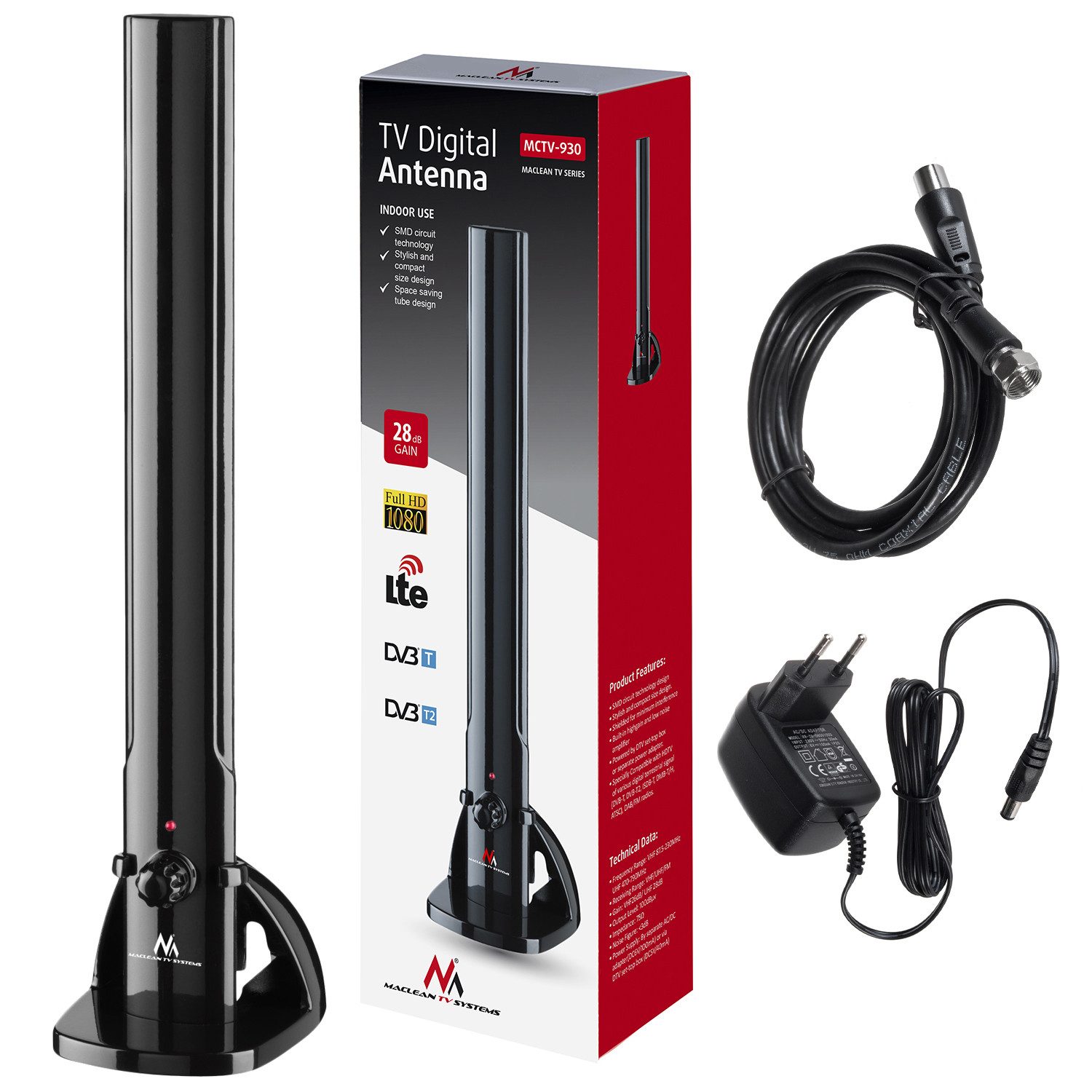 Maclean MCTV-930 Innenantenne (für Innenbereich, Verstärkung: 28 dB), Zimmerantenne TV Radio Antenne HDTV