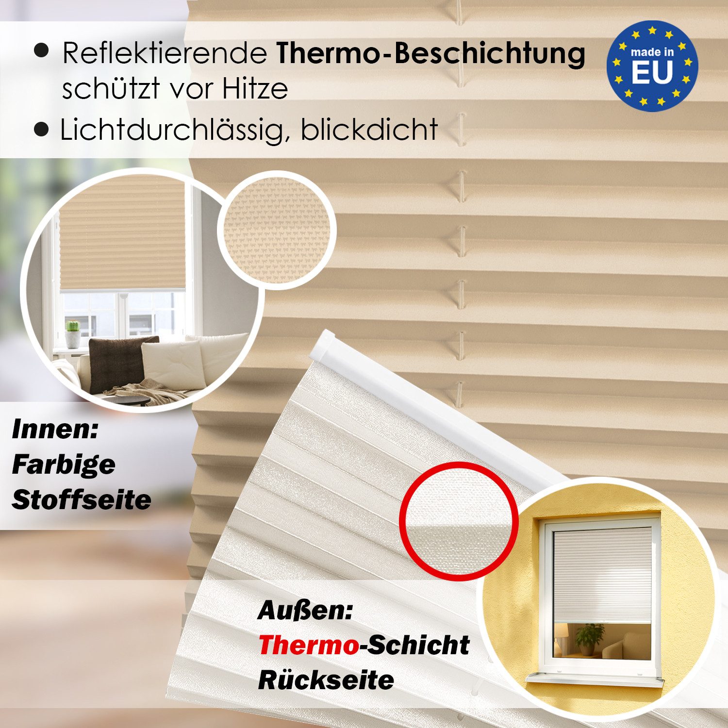 DomDeco Plissee Premium Thermo Plissee ohne Bohren, Sichtschutz, lichtdurchlässig, blickdicht, Klemmfix, Thermo-Wärmeschutz, verdunkelnd, blickdicht, Stufenlos