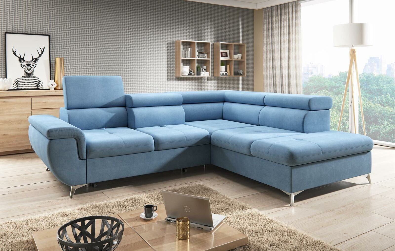 JVmoebel Ecksofa Ecksofa L-Form Design Sofa Ecksofa Couch Leder Polster Sofas, Mit Bettfunktion Blau