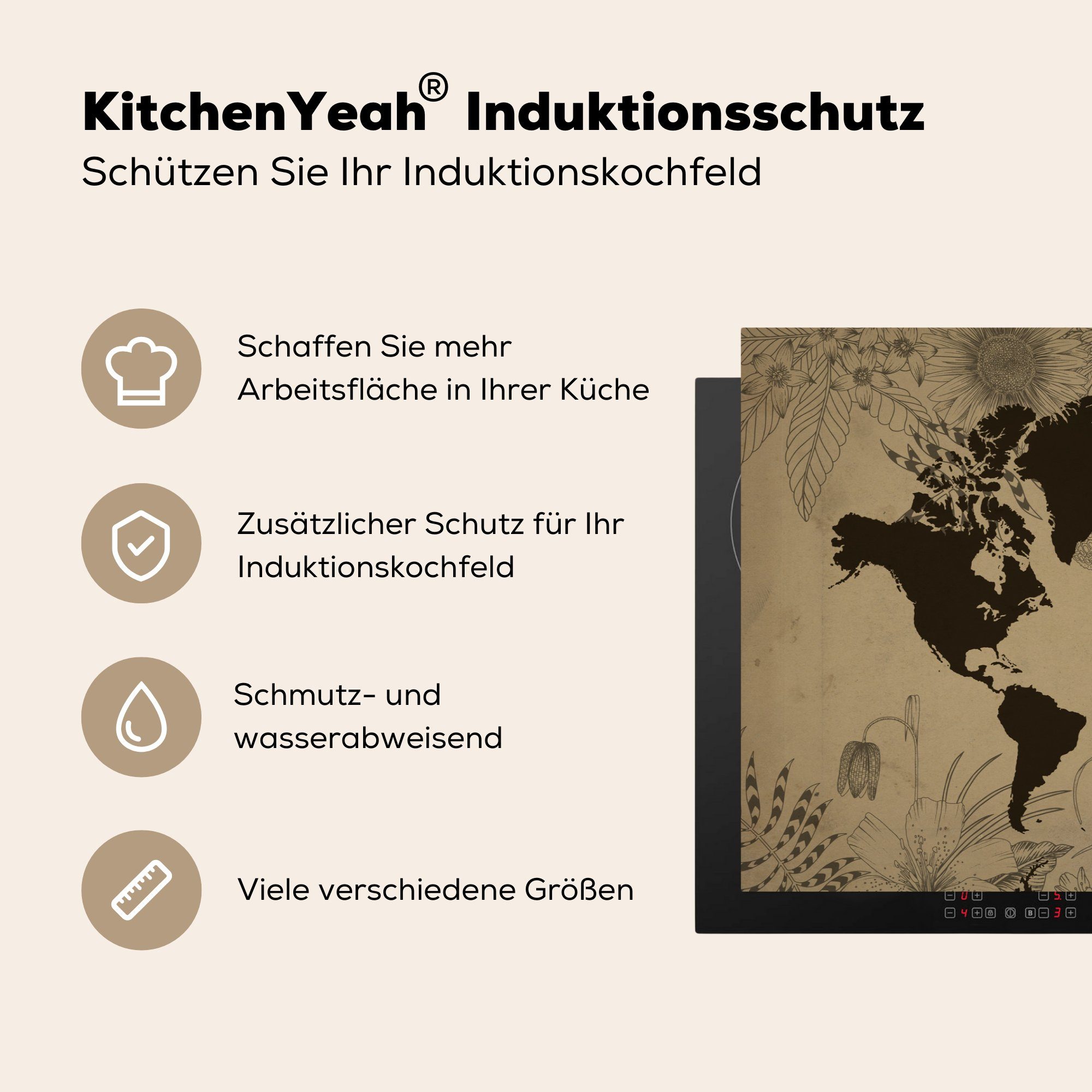 81x52 - Schutz MuchoWow cm, (1 Vinyl, Vintage Weltkarte küche, die für Ceranfeldabdeckung - Schwarz, Induktionskochfeld tlg), Herdblende-/Abdeckplatte