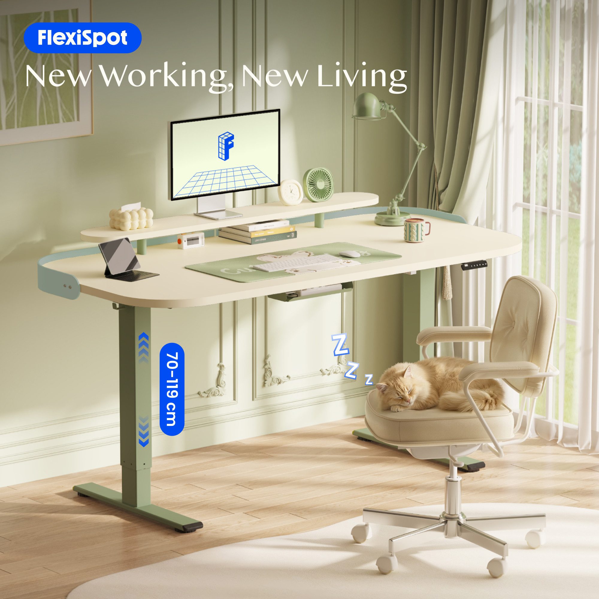 FLEXISPOT Schreibtisch Moderner elektrisch höhenverstellbarer Schreibtisch mit Monitorablage (70–119 cm höhenverstellbar, 6-Tasten Memory-Steuerung, stabiler Stahlrahmen, Tischplatte 120×80 cm), ergonomischer Homeoffice Computertisch