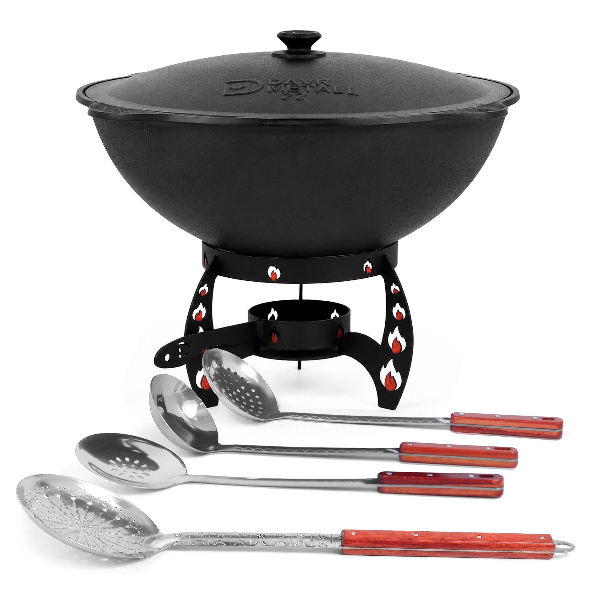 DAVR Metall Schmortopf Kazan 22 L Set 9-tlg. flacher Boden Untersetzer 4 Kellen 22,9 kg, Stahl, Gusseisen, Aluminium, Edelstahl, Kunststoff (9-tlg), Dickwandig