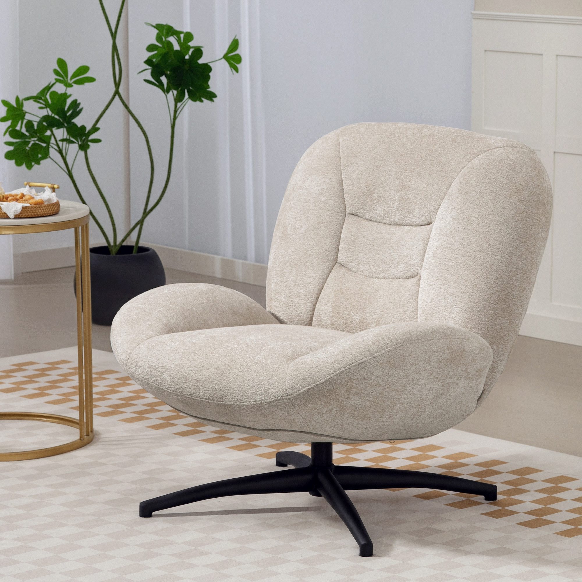 HOMCOM Relaxsessel Sessel, breite Sitzfläche, integrierte Armlehne, dicke Polsterung (Gepolstert Sessel, 1-St., 360° Drehbar Loungesessel), aus Chenille, mit gekreuzten Stahlbeinen, für Wohnzimmer, Cremeweiß