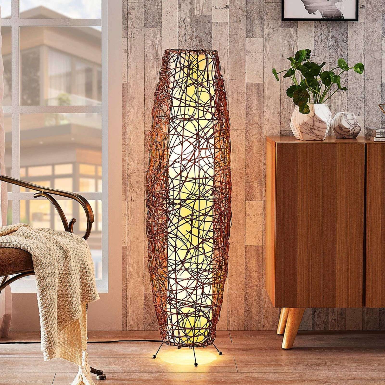 Lindby Stehlampe Nias, Holz Braun IP20, 2 x 10 W LED günstig online kaufen