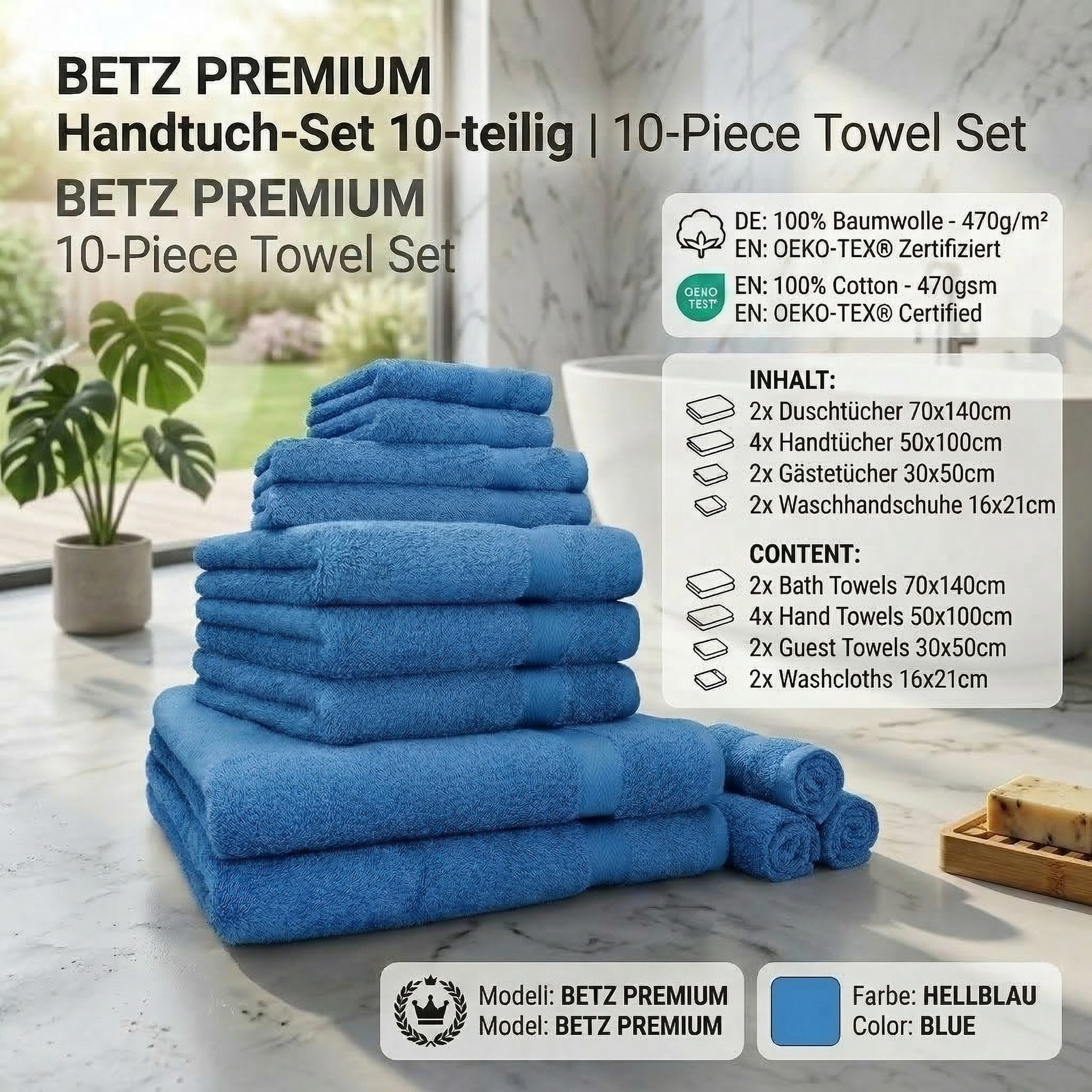 Betz Handtücher 10-teiliges Handtuch Set Premium, 100% Baumwolle (10-St), 4 Handtücher 50x100 cm, 2 Duschtücher 70x140 cm, 2 Gästetücher 30x50 – Bild 4 von 5