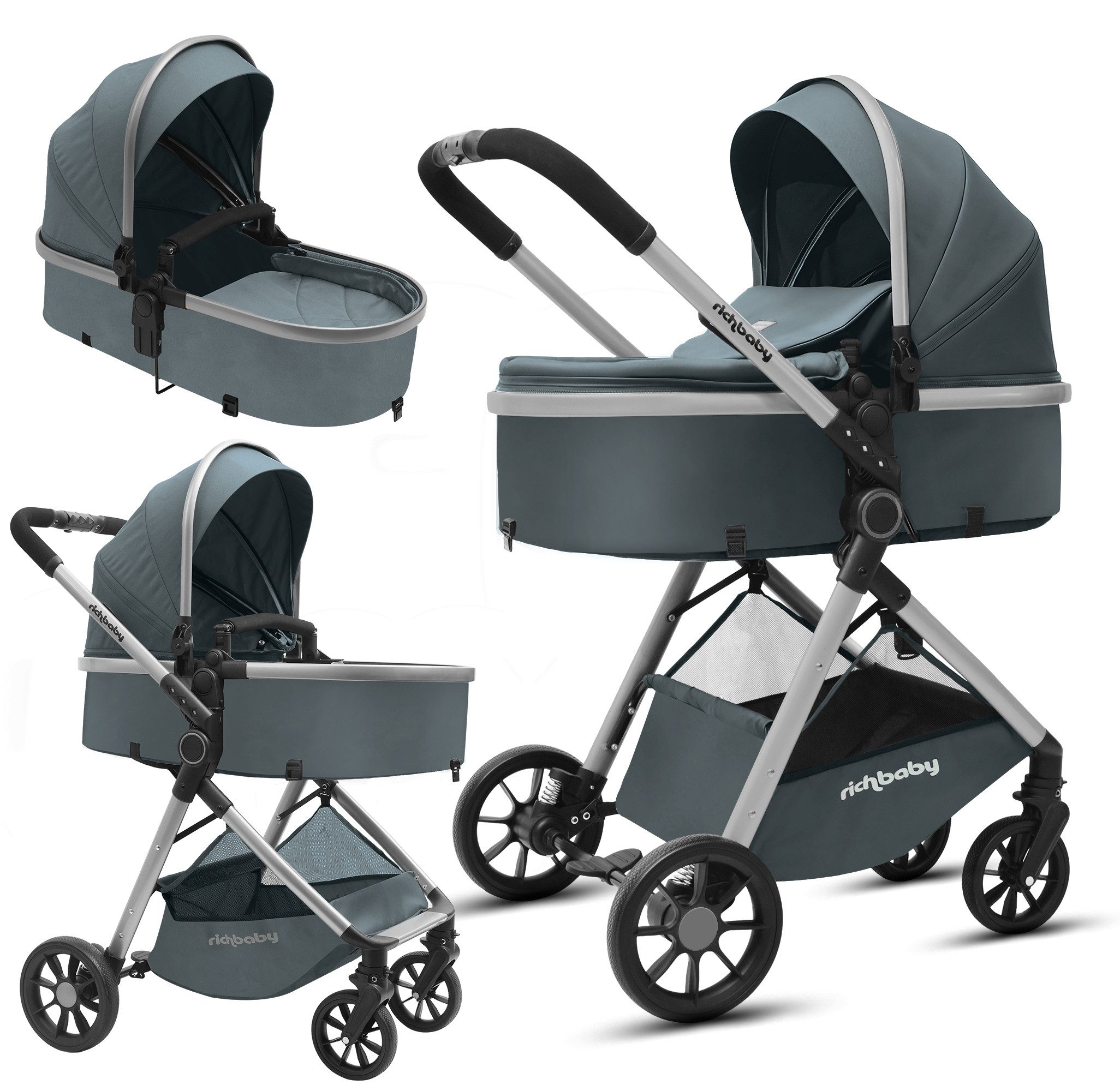 Rich Baby Kombi-Kinderwagen 2 in1 Kombi-Reisekinderwagen & Buggy (0-36 Monate, bis 22 kg), (Kompakt Zusammenklappbar, UV 50+, 5-Punkt-Gurte), Vollflächige Liegeposition, Babywanne, Großer Einkaufskorb Komplettset
